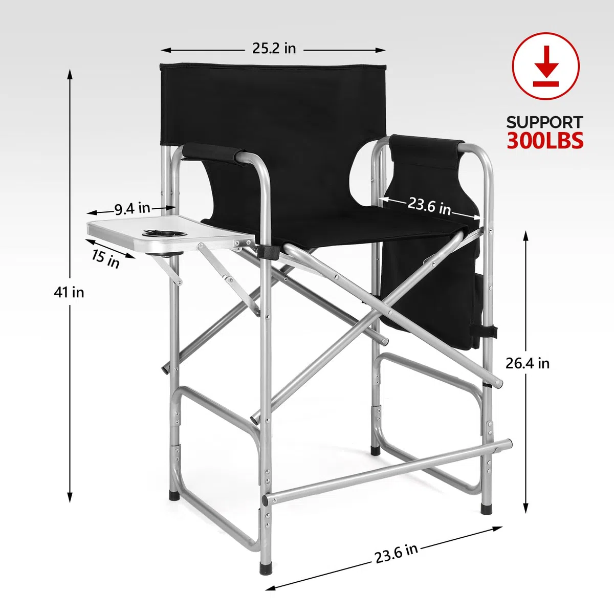 Bonnlo 66CM hoher Regiestuhl Klappbar 120 KG Belastbar mit 90° Faltbar Seitentisch Seitentasche und Fußstütze Campingstuhl Faltbar für Make-Up Fotostudio Outdoor-Drehs und Camping Schwarz
