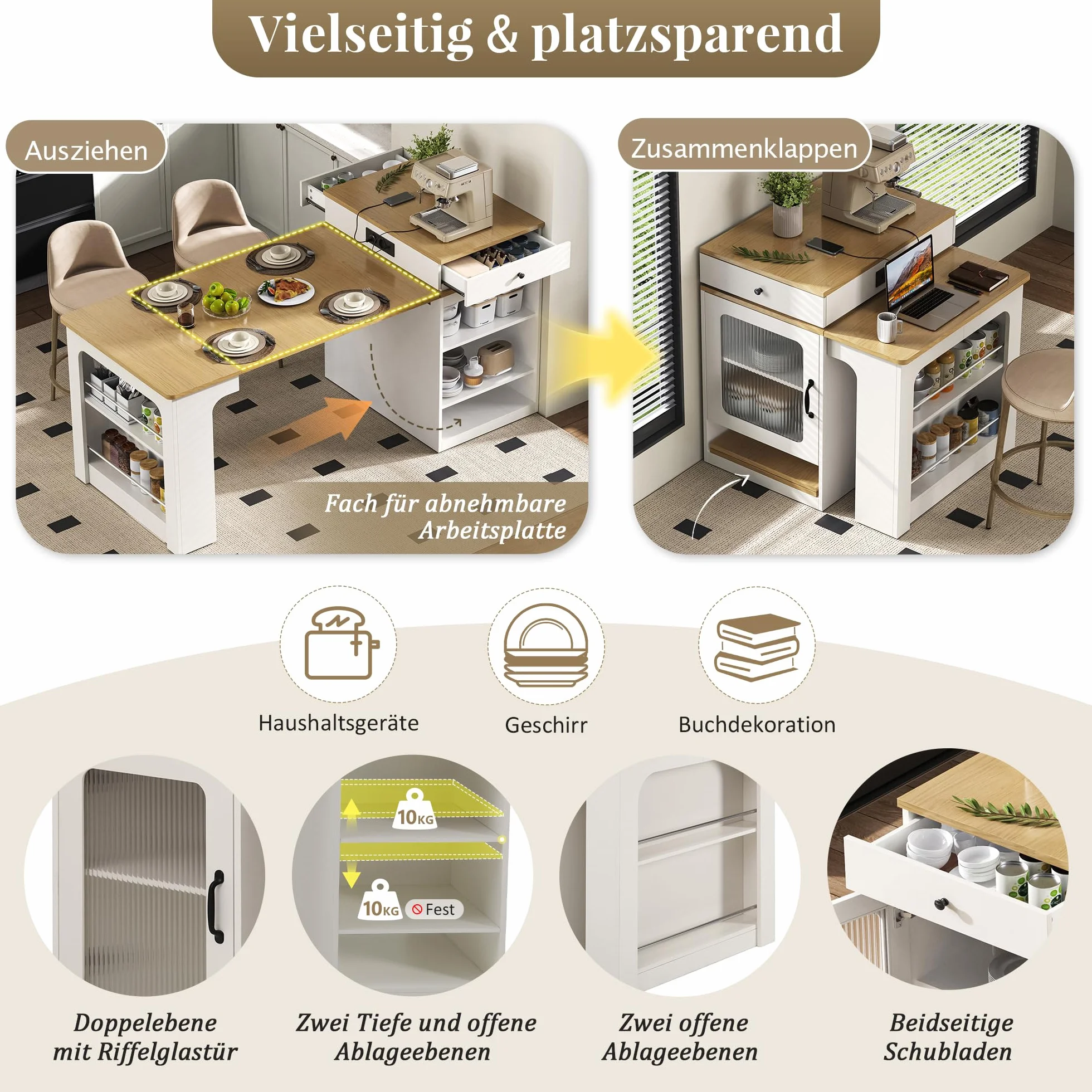 Bladez Kücheninsel mit Rollen Ausziehbarer Esstisch Abnehmbarer Tischplatte Bartisch Steckdosenleisten Stauraum Sideboard Glastüren Weiß-A