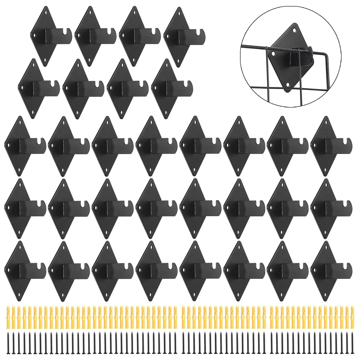 Kokone Gridwall Halterungen, 32 Stück, Gitter-Wandhalterung mit Schrauben für Gitterwände, Lamellengitter, Gitterplatten, schwarzes Metallgitter, Wandpaneele, Halterung, Garage, Zuhause