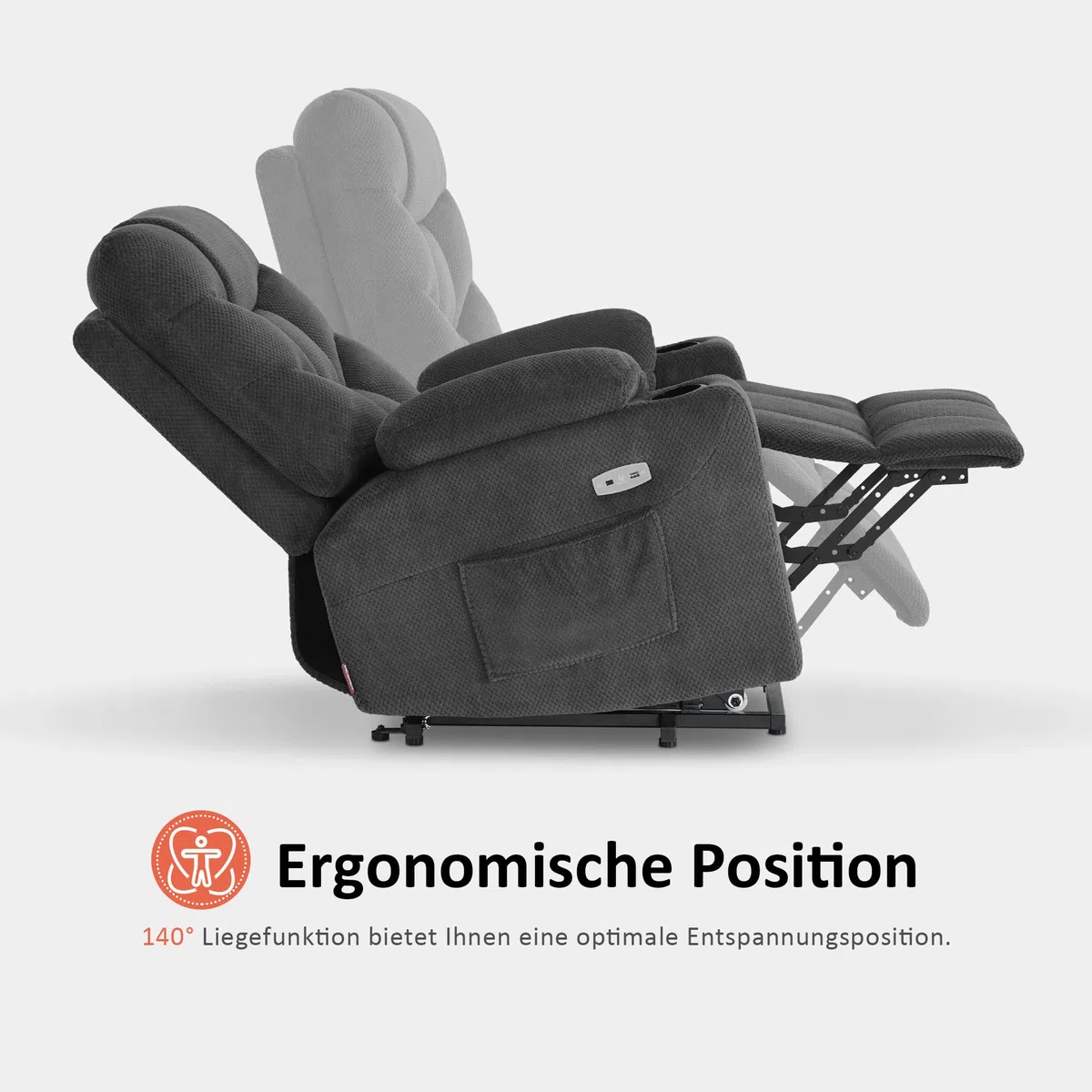 MCombo Fernsehsessel mit Aufstehhilfe Elektrisch, Liegefunktion bis 140°, Seniorensessel mit USB, Dunkelgrau-Stoff