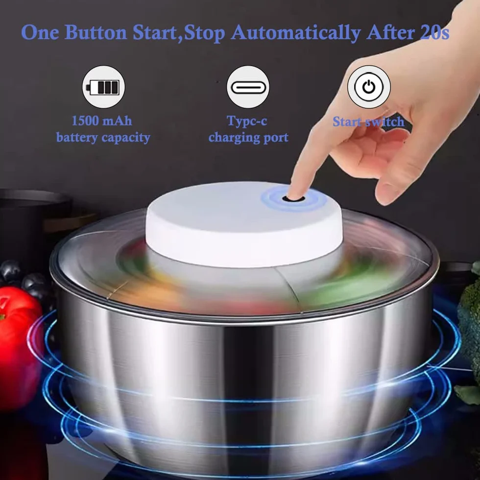Elektrische Salatschleuder USB Wiederaufladbare Salatschleudern zum Waschen und Trocknen von Salat, Edelstahl 5L Salatschüssel fur Sieb, Gemüse und Obst