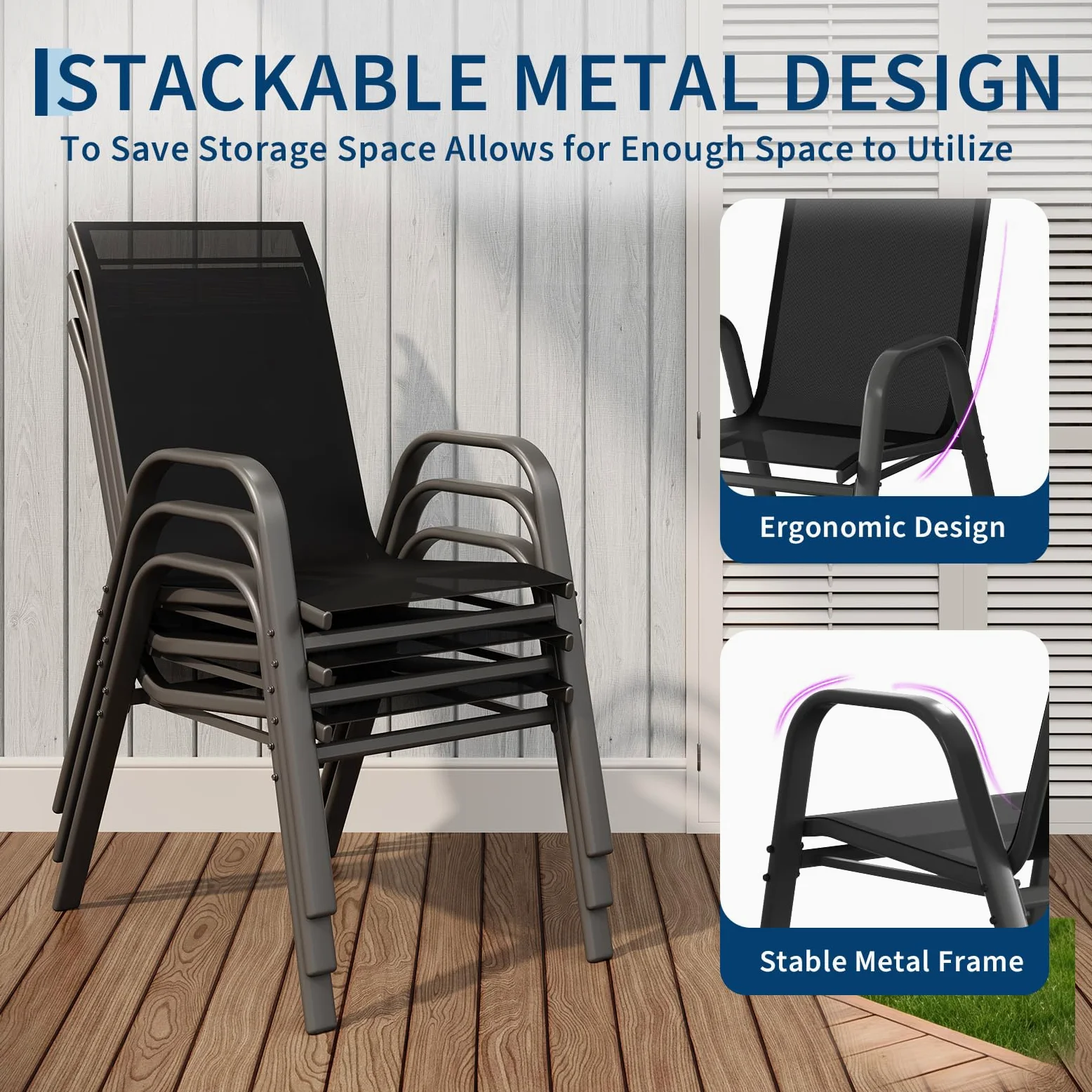 GarveeHome Gartenstühle 4er Set – Stapelbare Textilene Gartenstühle aus Metall, Outdoor Stühle Set wetterfest & rostbeständig, Terrassenstühle 4er Set für Garten, Balkon & Terrasse