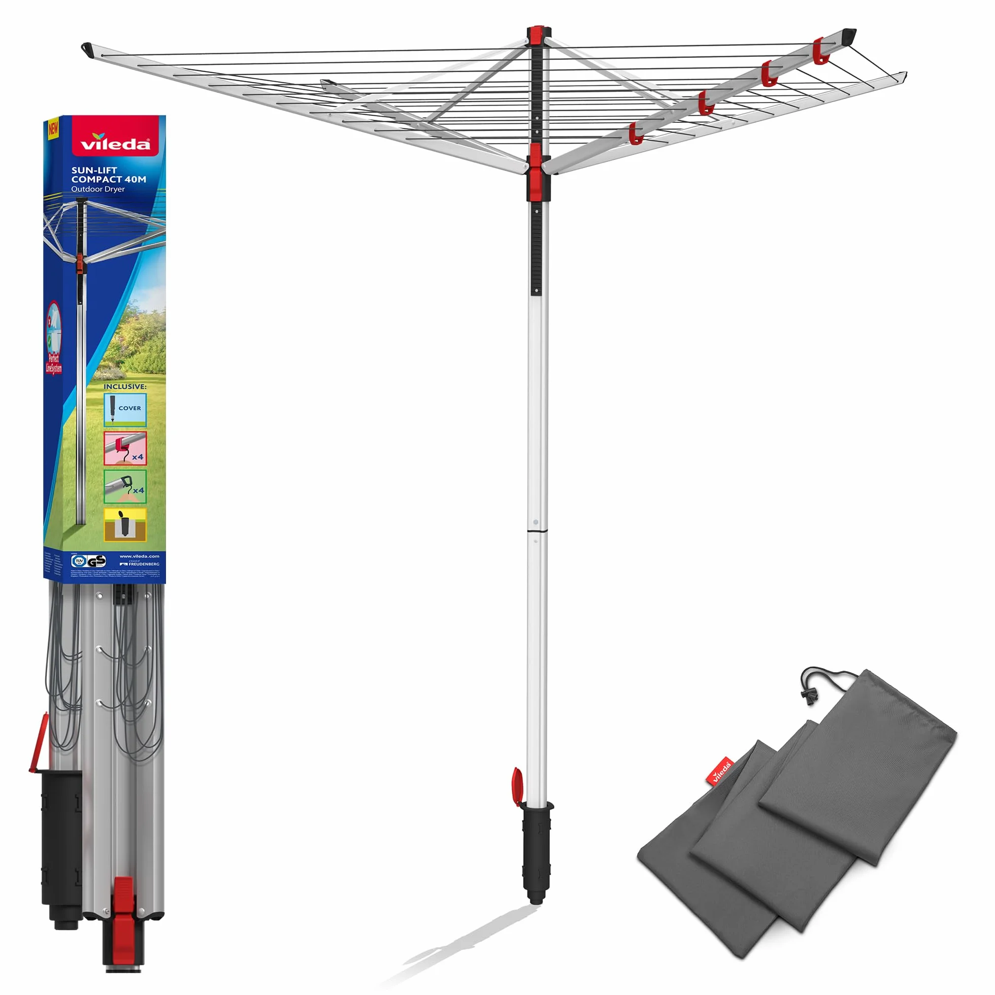 Vileda Sun-Lift Compact Wäschespinne, 40 m Leinenlänge,höhenverstellbar 1,55-1,72 m, Easy-Lift-System, inkl. 8 Kleiderbügelhalter, Bodenhülse, UV-beständige Schutzhülle, Farbe Grau, Comfort-Pack