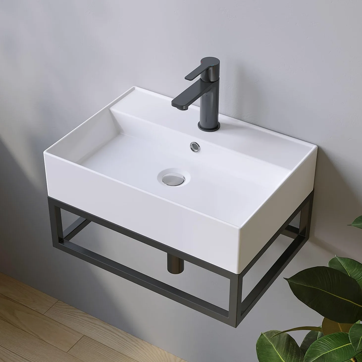Waschbecken aus Keramik Eckig 50 x 35 cm Aufsatzwaschbecken für Waschtisch Unterschrank Waschplatz Gäste WC Hängewaschbecken Handwaschbecken Weiß Wandhängend mit Hahnloch Überlauf Stockschrauben M10