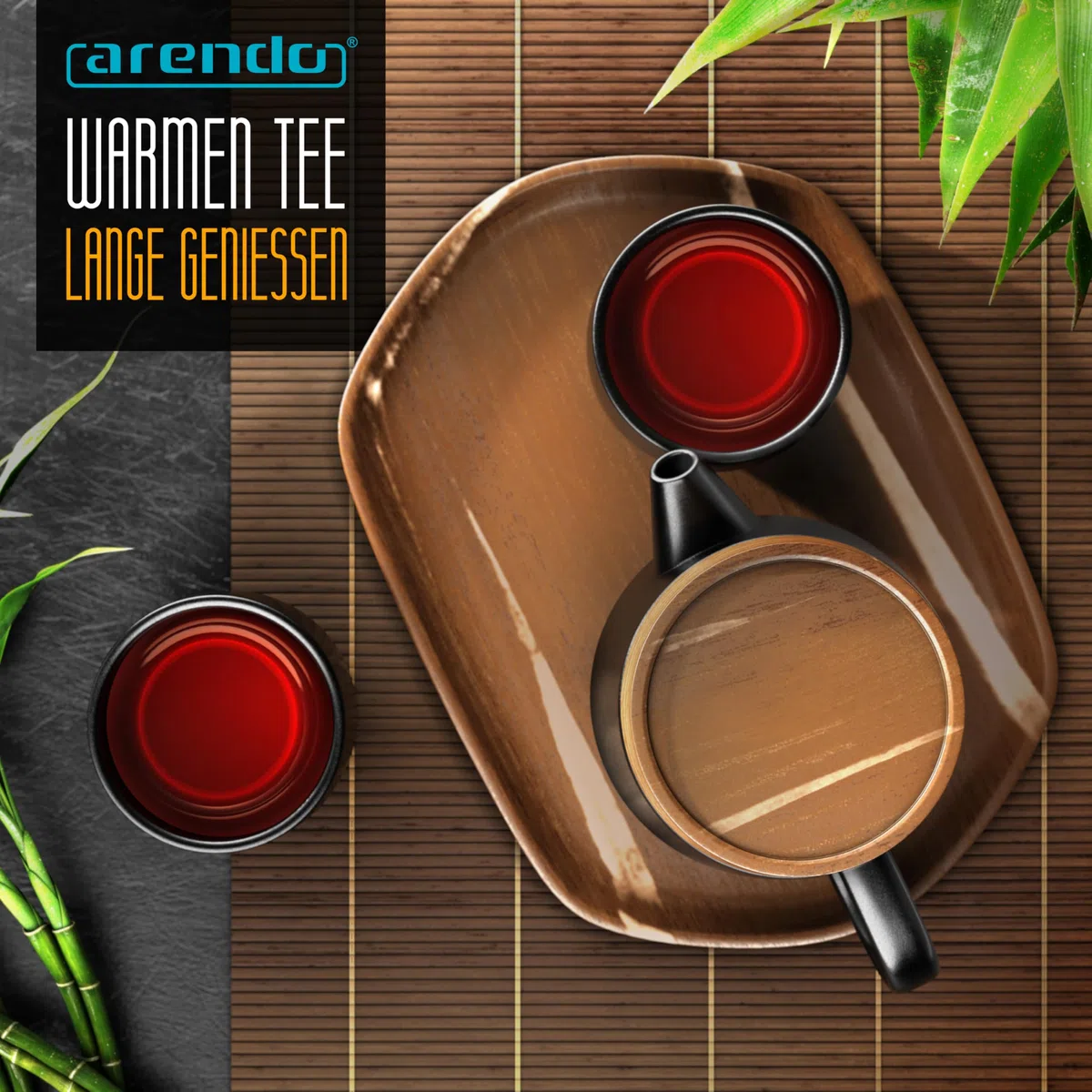 Arendo - Teeservice Set, Keramik Teekannen Set, Teekanne Porzellan, Japanische Teekanne mit Teesieb 0,6 Liter, Teekanne mit Deckel Untersetzer 2 Tassen und Tablett