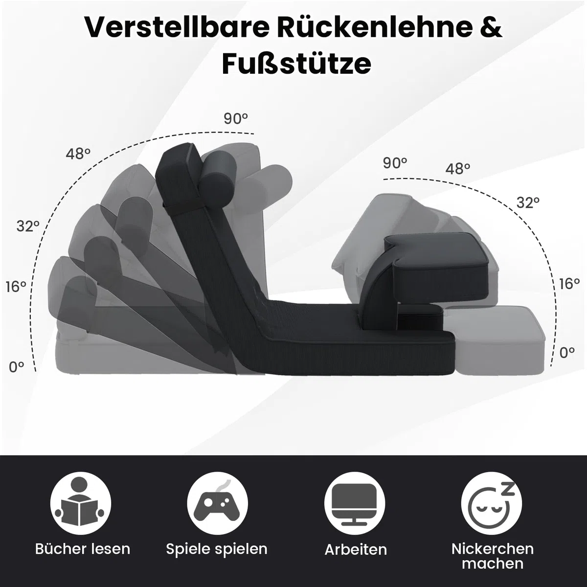 COSTWAY Bodenstuhl klappbar, Bodensessel mit Verstellbarer Rückenlehne & Kopfstütze, Bodensitz gepolstert mit Fußablage & Tischplatte, Bodensofa für Wohnzimmer, Schlafzimmer, Gästezimmer