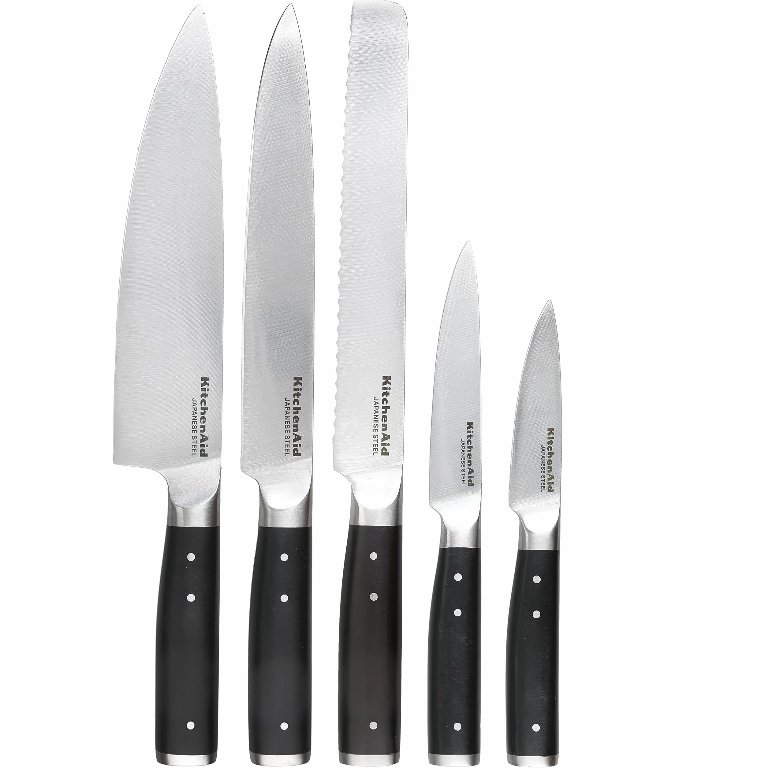 KitchenAid Gourmet 6-teiliges Messerblock-Set, schwarze Griffe, japanischer Stahl – 5 Messer, Schere & Schleifgerät