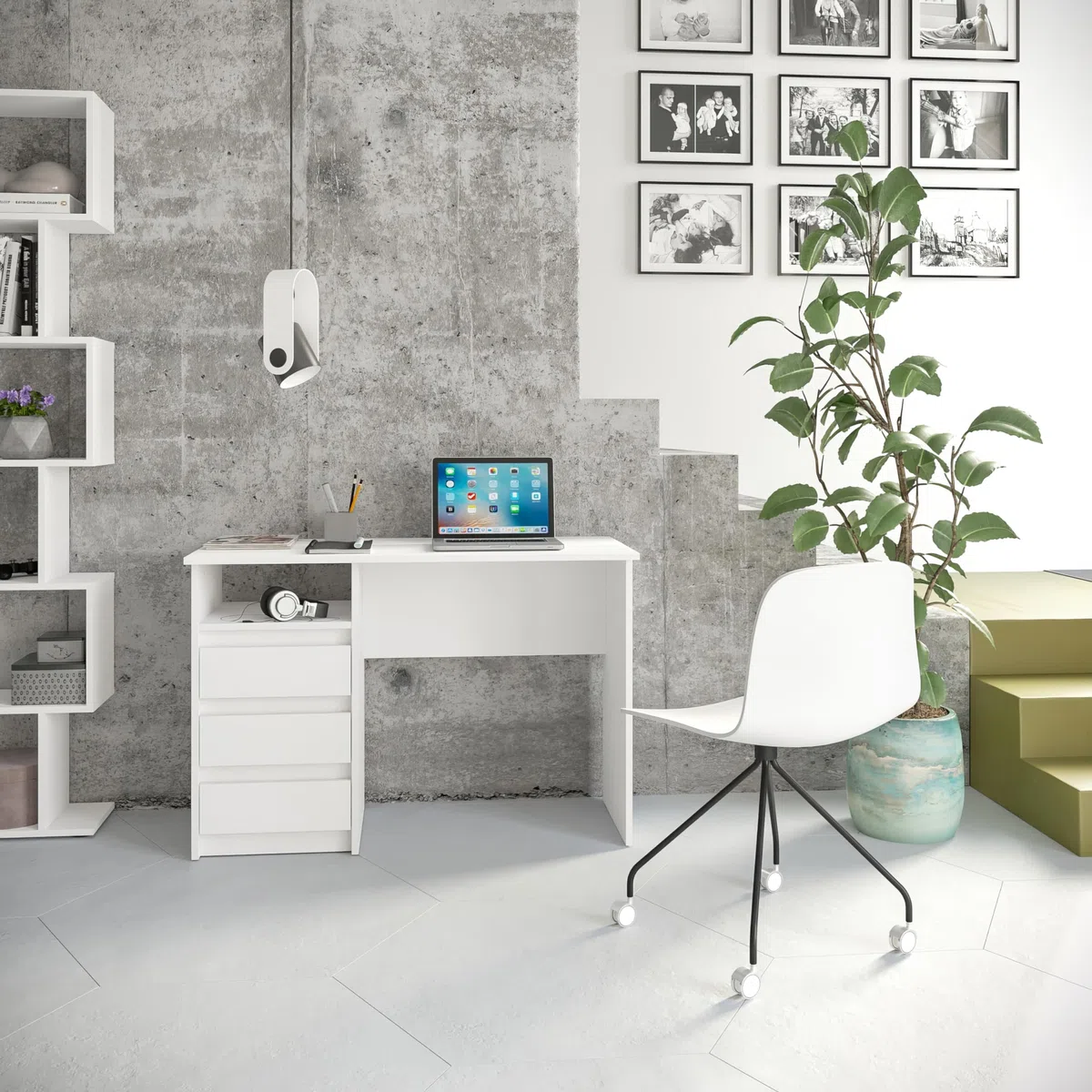 KOMTO Schreibtisch mit Schubladen - Bürotisch Computertisch Klein Arbeitstisch Büro PC-Tisch Kinderschreibtisch mit Stauraum | Moderner Schreibtisch Weiß | Oslo 110 x 50 x 74 cm