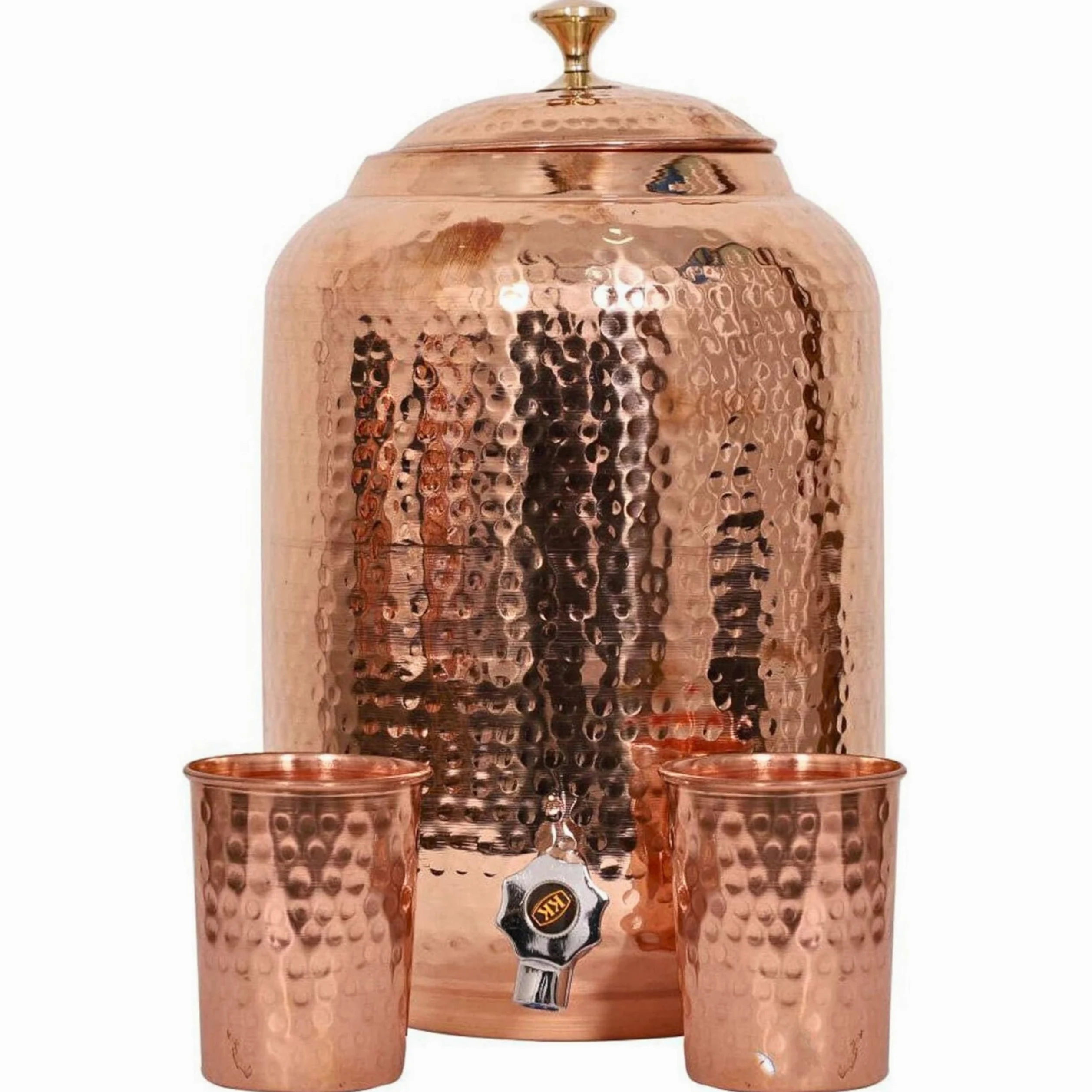 Wasserspender aus reinem Kupfer, 8 l Fassungsvermögen, gehämmerte Oberfläche, ayurvedische gesundheitliche Vorteile, inklusive 2 passenden Trinkgläsern und 1 Kupferflasche, handgefertigtes