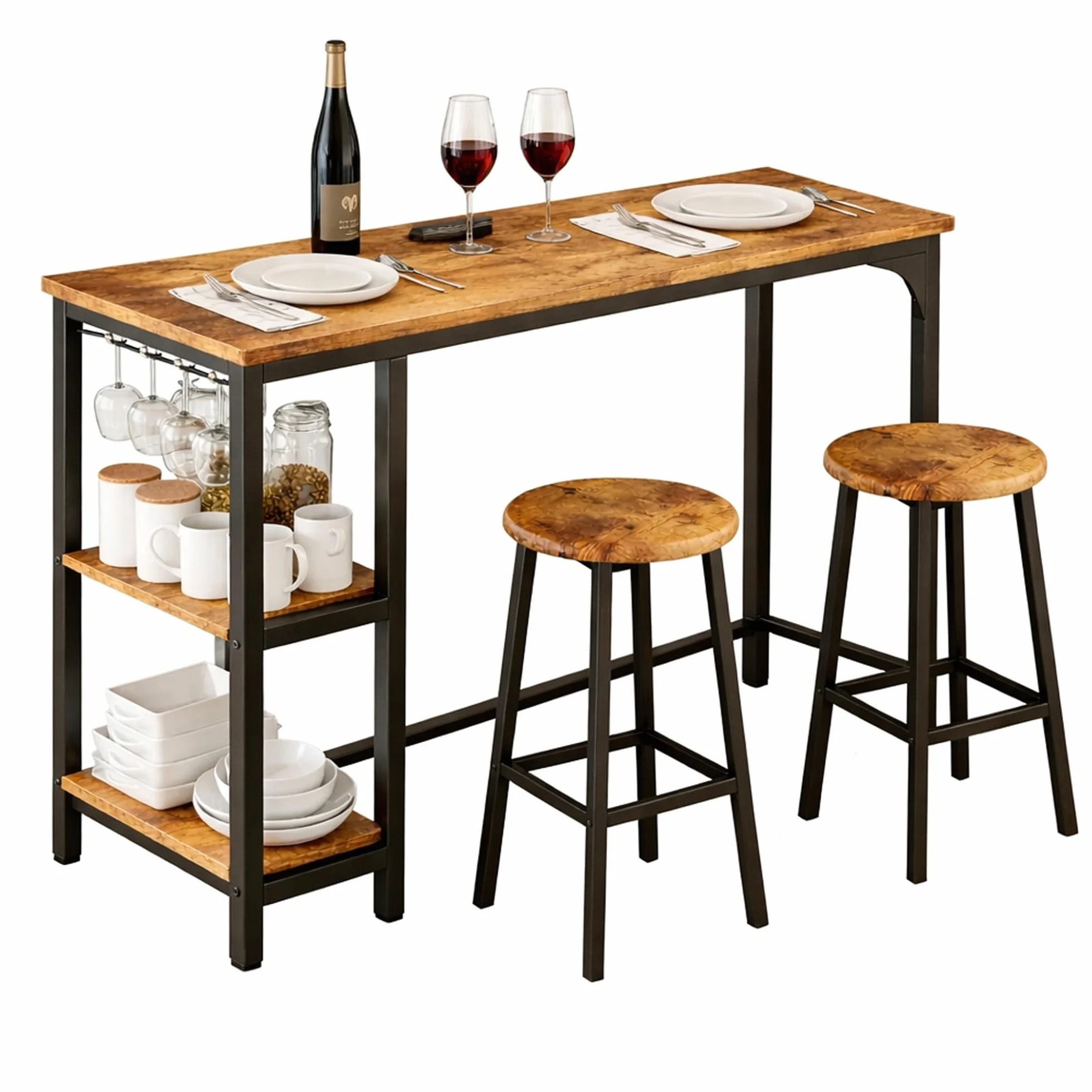 Bartisch mit 2 Hockern, 3-teiliges Bartisch Set, Küchentisch mit Ablage & Glashalter, Platzsparender Stehtisch für Küche, Wohnzimmer & kleine Räume, Industrial Vintage (Retro)