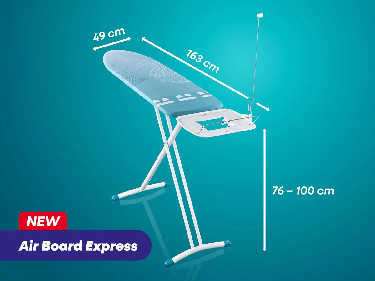 Leifheit Bügeltisch Air Board Express L Solid, Bügelfläche 130 x 38 cm, Bügelbrett höhenverstellbar 76 - 100 cm, geeignet für Dampfstationen, perforierte Baumwolle, aus Spezial-Kunststoff