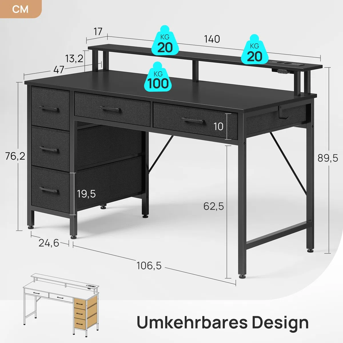 Rolanstar Schreibtisch mit 5 Schubladen, Computertisch mit Steckdosen, Gaming Tisch mit LED-Beleuchtung, Monitorständer, für Homeoffice, Schlafzimmer, Wohnzimmer, Büro (Schwarz, 140)