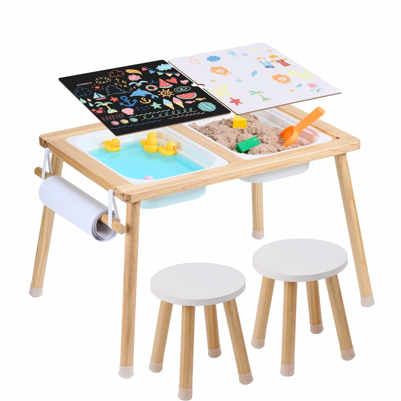 VEVOR Sensorisches Tischset Aktivitätstisch Kindersitzgruppe und Sand-und Wasserspieltisch mit 2 Hockern & 2 Aufbewahrungsbehältern & Papierrollenhalter, Kindertisch Holz – Geschenk für Kinder