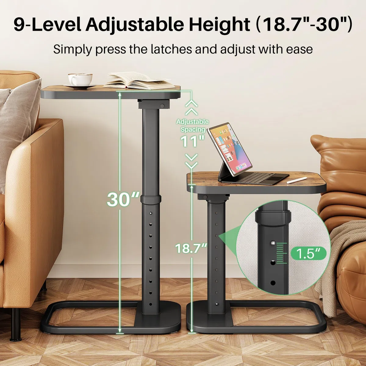 Kitstorack TV-Tablett, höhenverstellbar, Flip-Top, abgerundete Metallecken, Snack-Tisch für Couch, Sofa, Bett, Stuhl, Wohnzimmer, C-förmiger Beistelltisch zum Essen, Abendessen oder Laptop, kleine