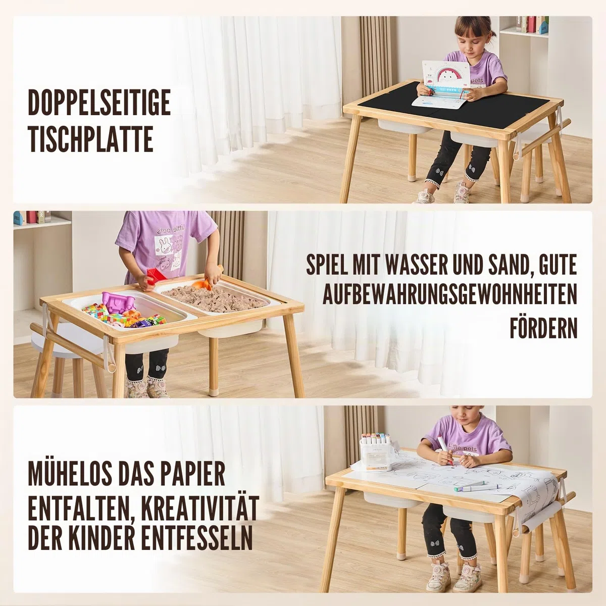 VEVOR Sensorisches Tischset Aktivitätstisch Kindersitzgruppe und Sand-und Wasserspieltisch mit 2 Hockern & 2 Aufbewahrungsbehältern & Papierrollenhalter, Kindertisch Holz – Geschenk für Kinder