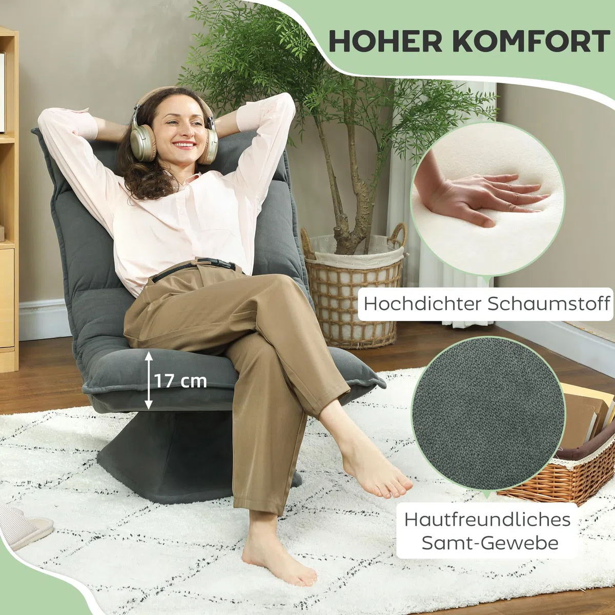 HOMCOM Bodenstuhl 360° Drehbar Bodensessel mit 5-Fach Verstellbarer Rückenlehne, Klappbares Bodensofa Meditationsstuhl Gepolstert Lazy Sofa für Wohnzimmer Gaming & Lesen Dunkelgrau