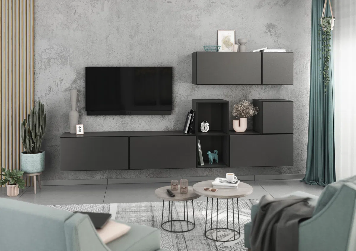 BMG Möbel Wohnzimmer Wohnwand Set 7-teilig MDF Softclose Anthrazit Matt