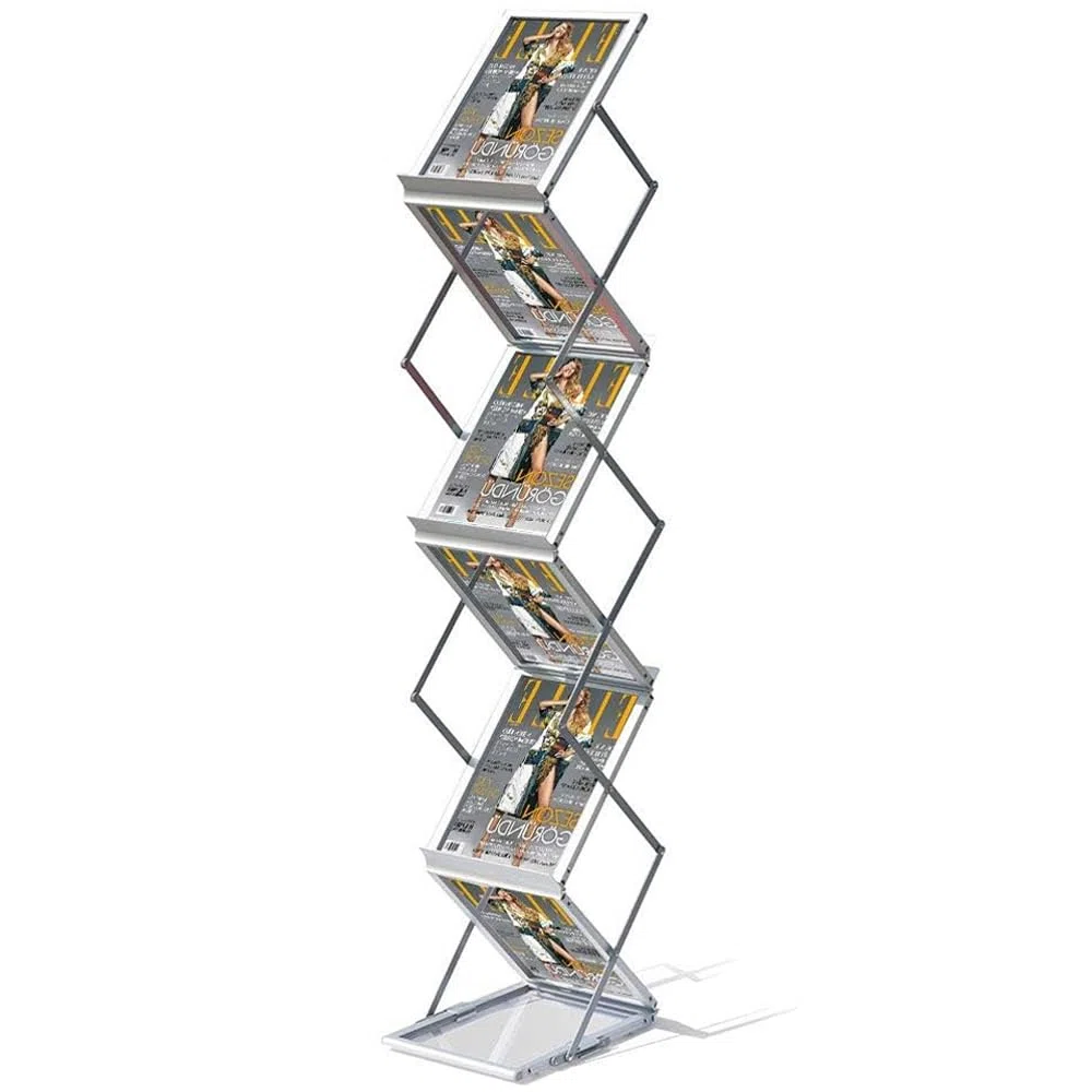 Faltbarer Prospektständer A4 Aluminium - Zeitschriftenständer, Literatur- & Kataloghalter mit 6 Taschen, Flyer Aufsteller mit Tragetasche, Bodenaufsteller für Messe, Büro, Ausstellung (Silber)