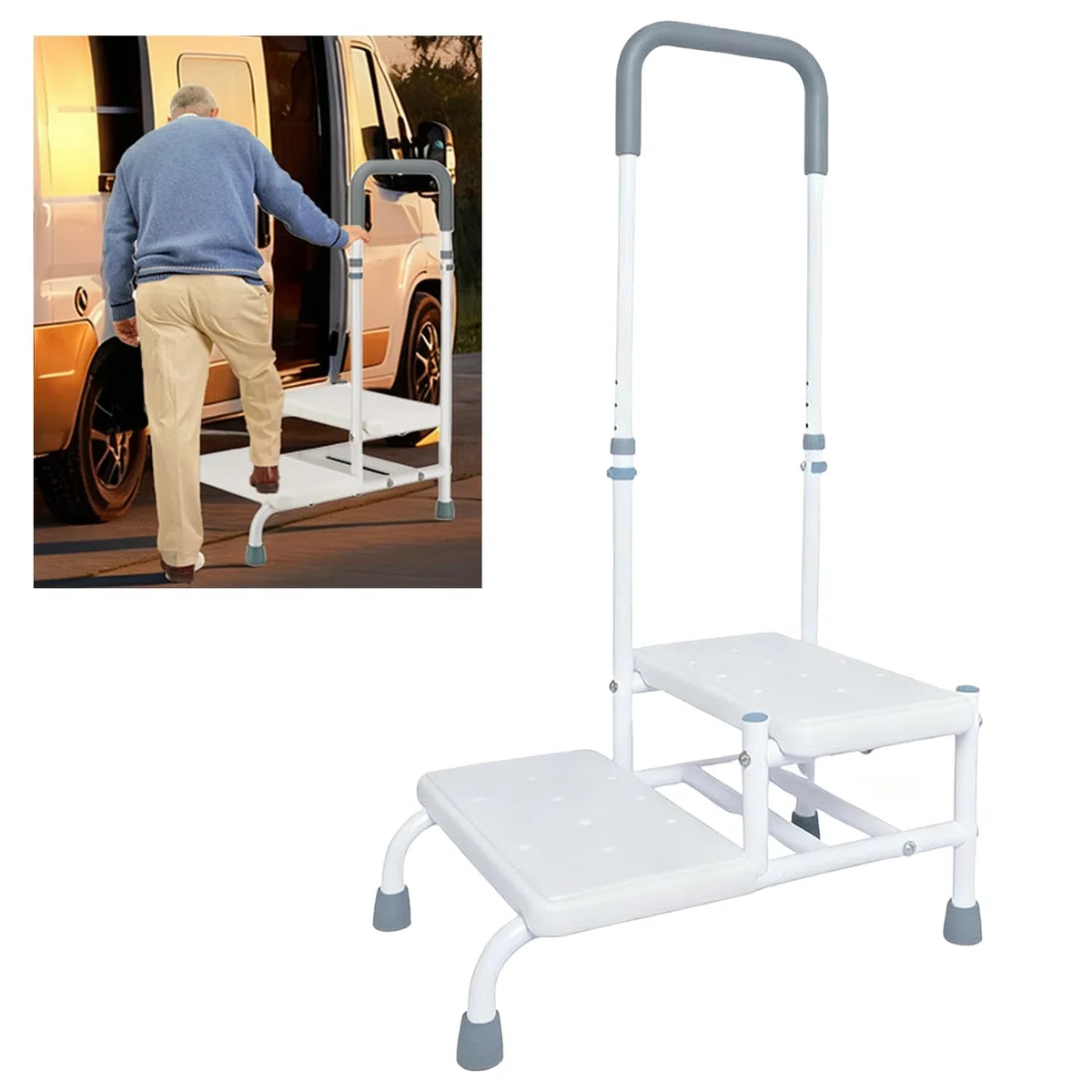 Tritthocker mit Haltegriff Senioren, 2 Stufen Verstellbarer Rutschfester Tritthocker Trittleiter, Tragfähigkeit bis 135kg, Sicherheitstritt für Senioren & Behinderte & Kinder, Badewanne, Bett & Auto