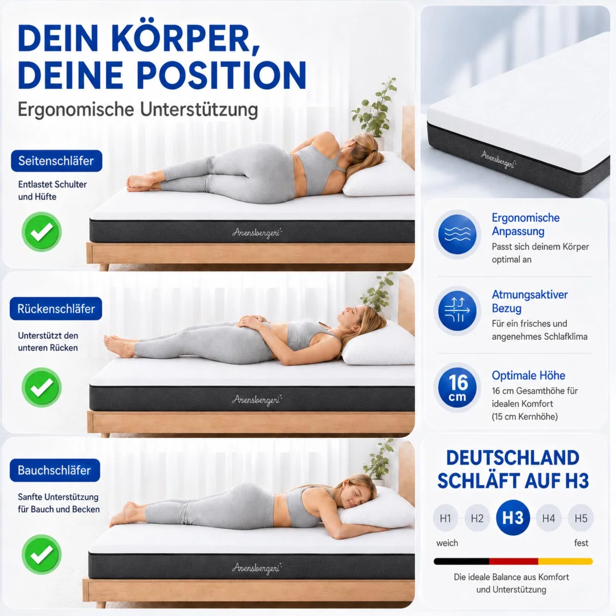 Arensberger Matratze SARA 140x200cm Höhe 16cm | NANOCELL® Gel-Schaum | Mittelfest H3 | Premium-Bezug 240g/m² | 60°C waschbar | Kaltschaum-Matratze 140x200 | Note 1,1 | Öko-Tex Zertifiziert
