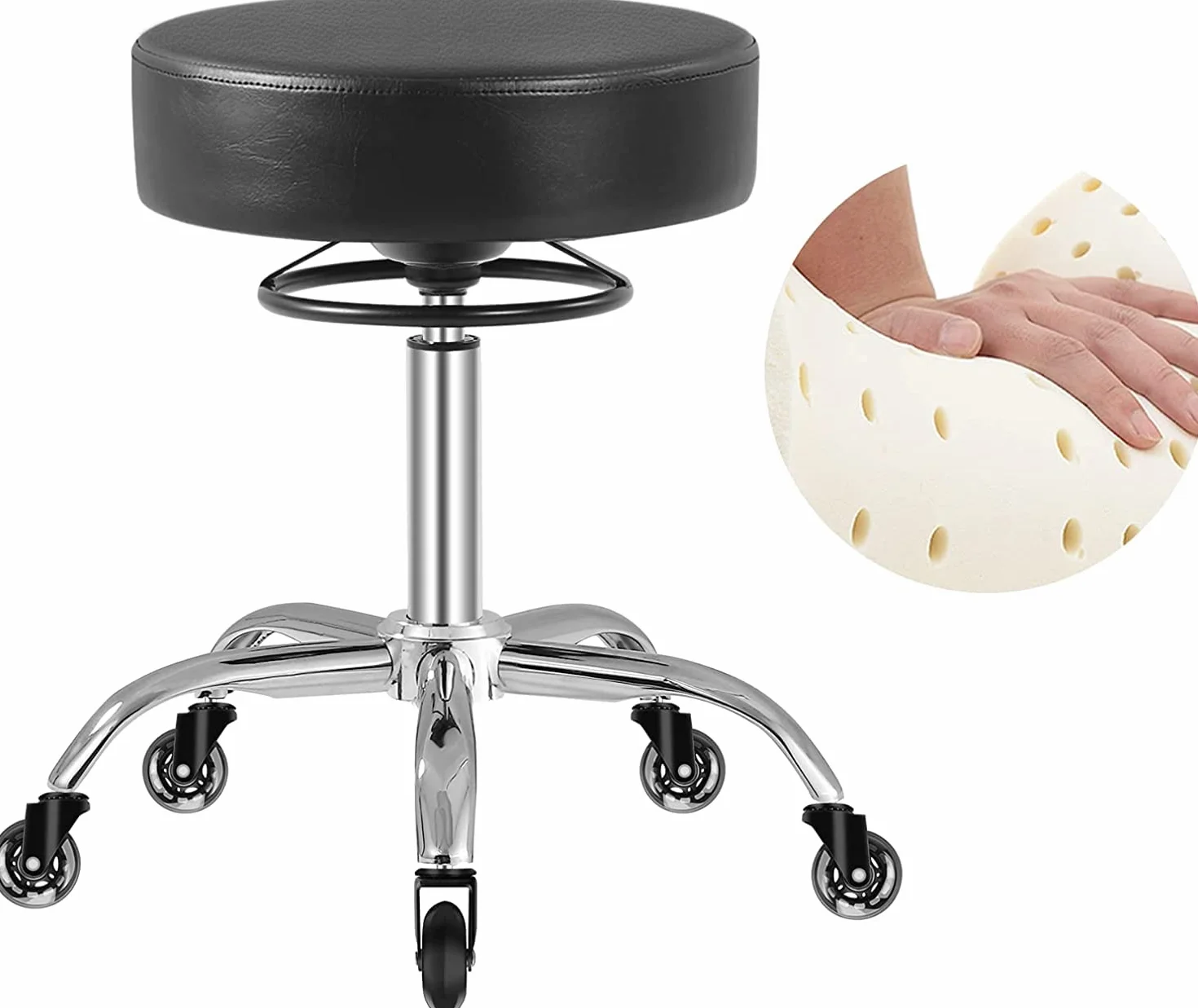 Rollhocker höhenverstellbar mit Rollen - 50-62cm，bis 180 kg belastbare Arbeitshocker，360° Drehhocker Hocker für Salon und Spa,aus Leder Hocker(Schwarz)