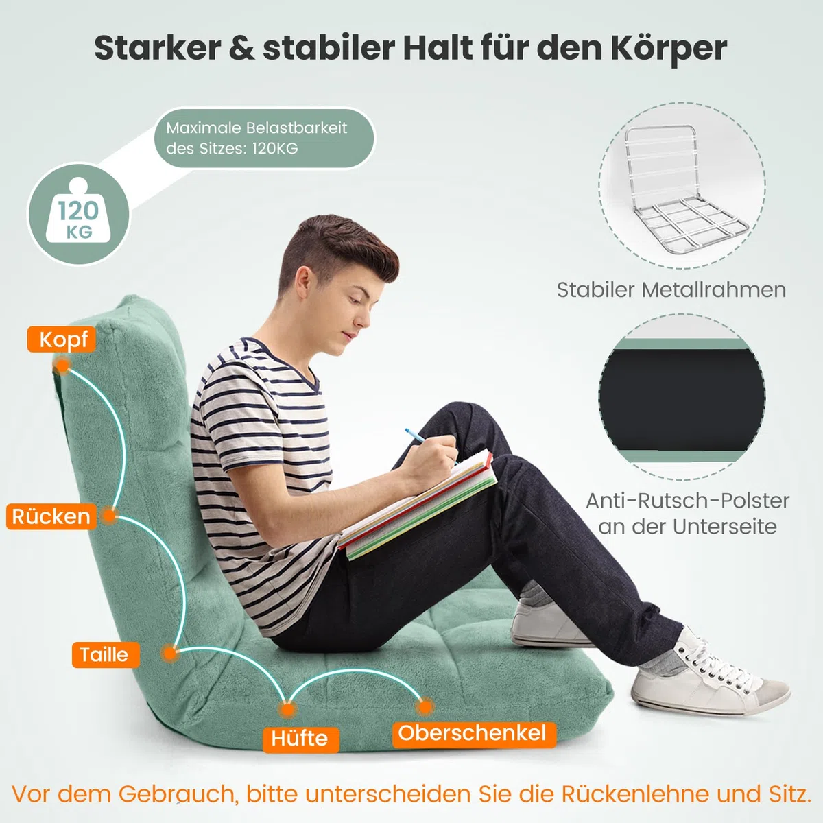 COSTWAY Bodenstuhl mit Verstellbarer Rückenlehne, Bodensessel gepolstert, Bodenkissen faltbar, Meditationsstuhl, Relaxsessel, Thaikissen für Freizeit, Meditation, Yoga (Grün)