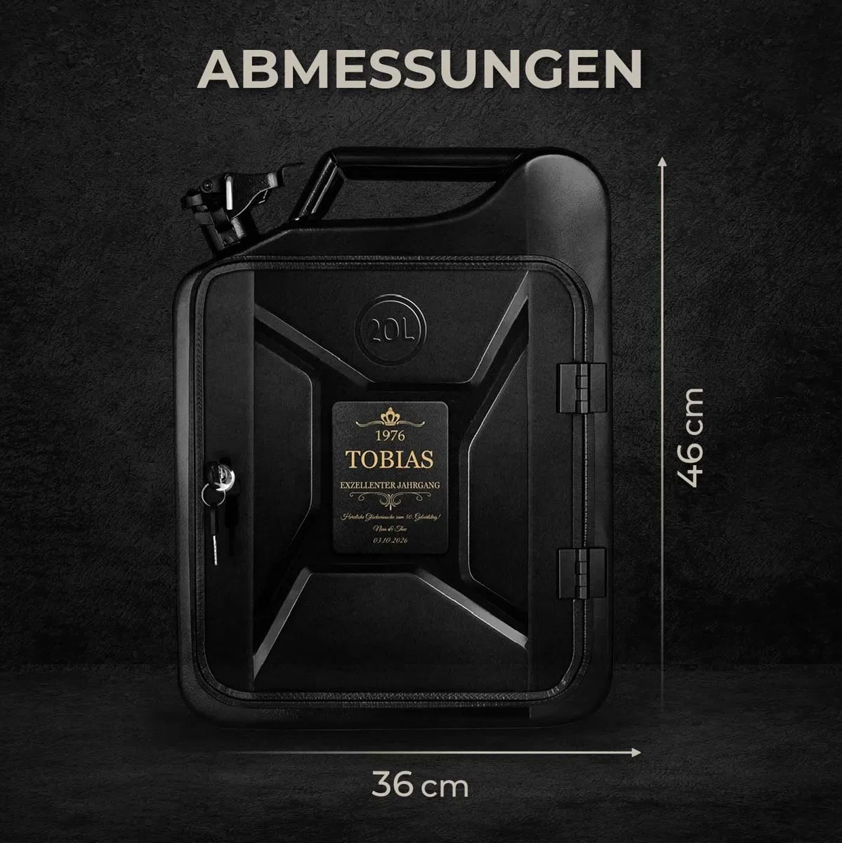 Maverton 20L Kanister Mini Bar mit Gravur - Jerrycan schwarzer Metall Mobile Bar - Geburtstagsgeschenk für Männer personalisierte Geschenke für Männer - Abschließbarer Minibar - Größe: 36x47x18cm
