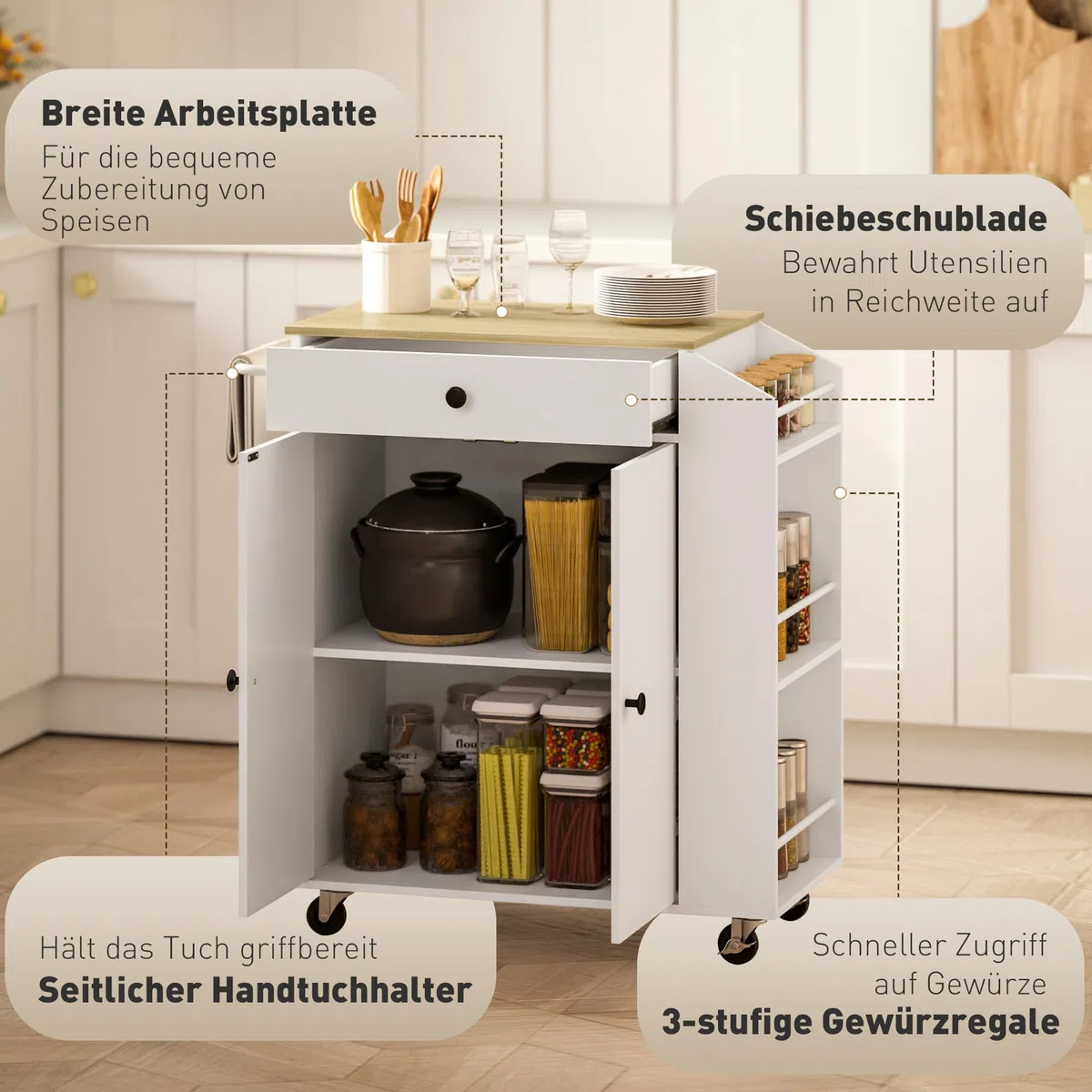 HOMCOM Kücheninsel Küchenwagen auf Rollen mit Arbeitsplatte, Küchenschrank mit Schublade, Gewürzregal, Ablage, Handtuchhalter, Servierwagen Rollwagen für Küche und Esszimmer 82 x 38 x 86,5 cm Weiß