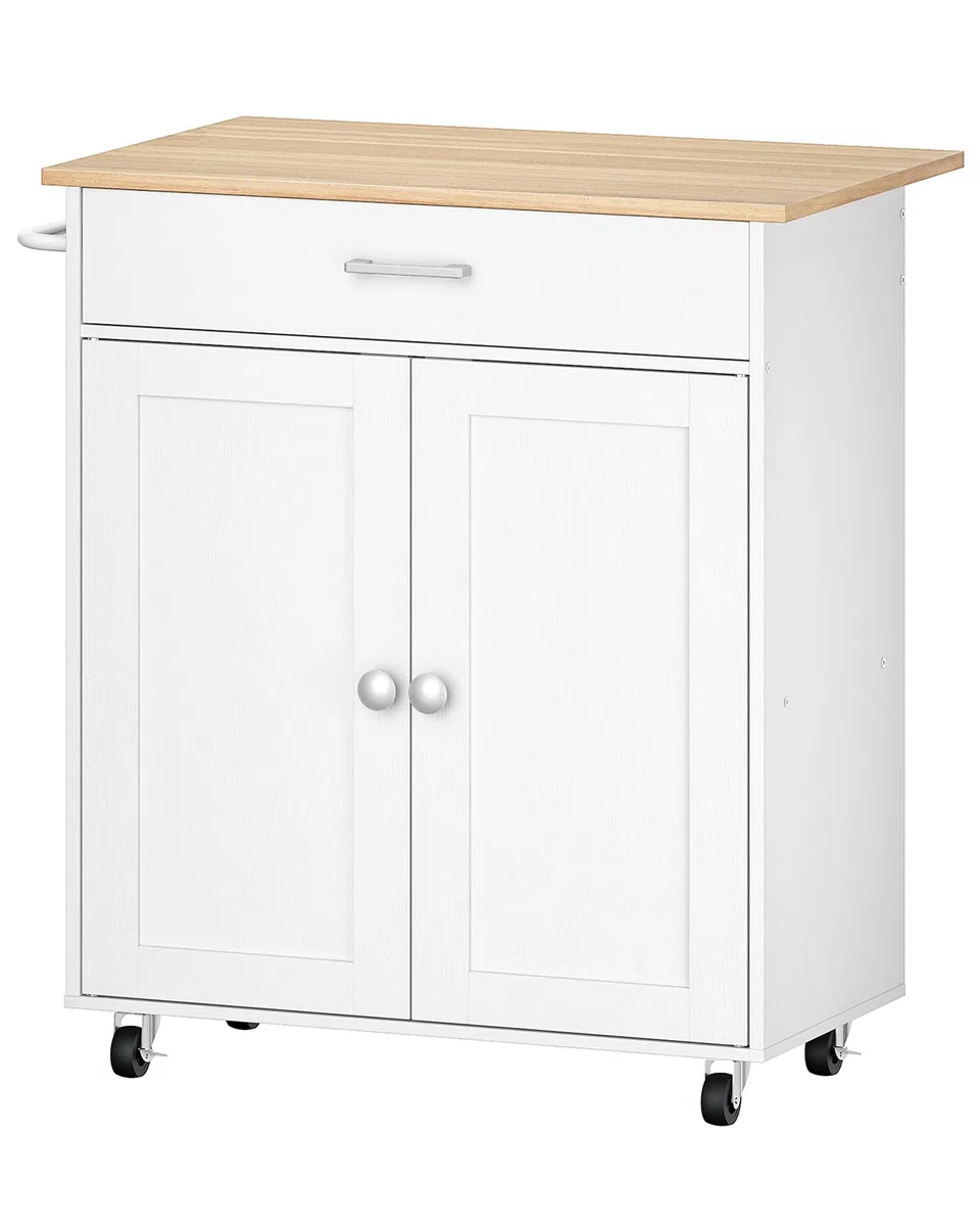 CHOEZON Kücheninsel mit Stauraum, Rollen Küchenwagen, Küchenschrank mit Arbeitsplatte, Doppeltür, ausziehbare Tischplatte, beweglich, weiß-naturfarben DMZD01WN