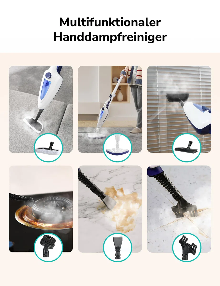 12-in-1 Dampfreiniger Bodenreiniger, 1500W Steam Mop mit Handgerät, 15 Sek. Schnellaufheizung, 30g/min Dampf, entfernt 99,99% Schmutz, für Fliesen, Laminat, Fenster, Sofa, Kleidung, Haushalt