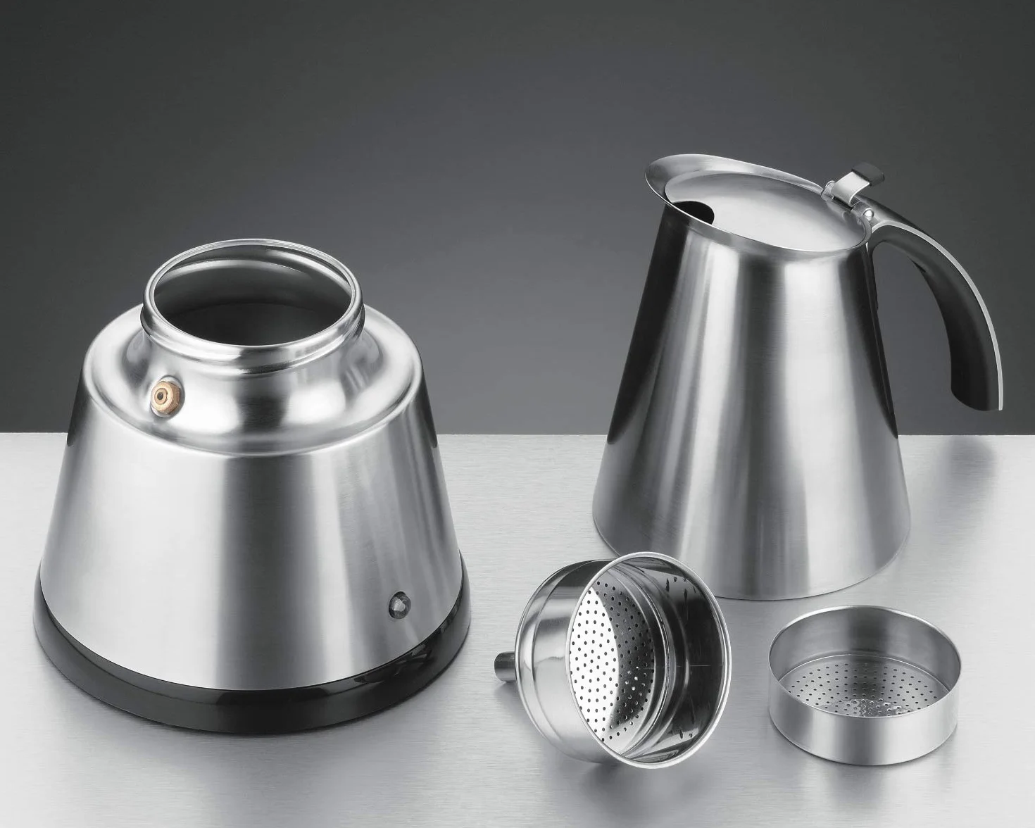 Rommelsbacher Espresso Kocher EKO 364/E, elektrisch, hochwertige Edelstahlkanne, Filtereinsatz für 2 oder 4 Tassen, verdecktes Heizelement, 360° Zentralsockel, automatische Abschaltung, 365 W