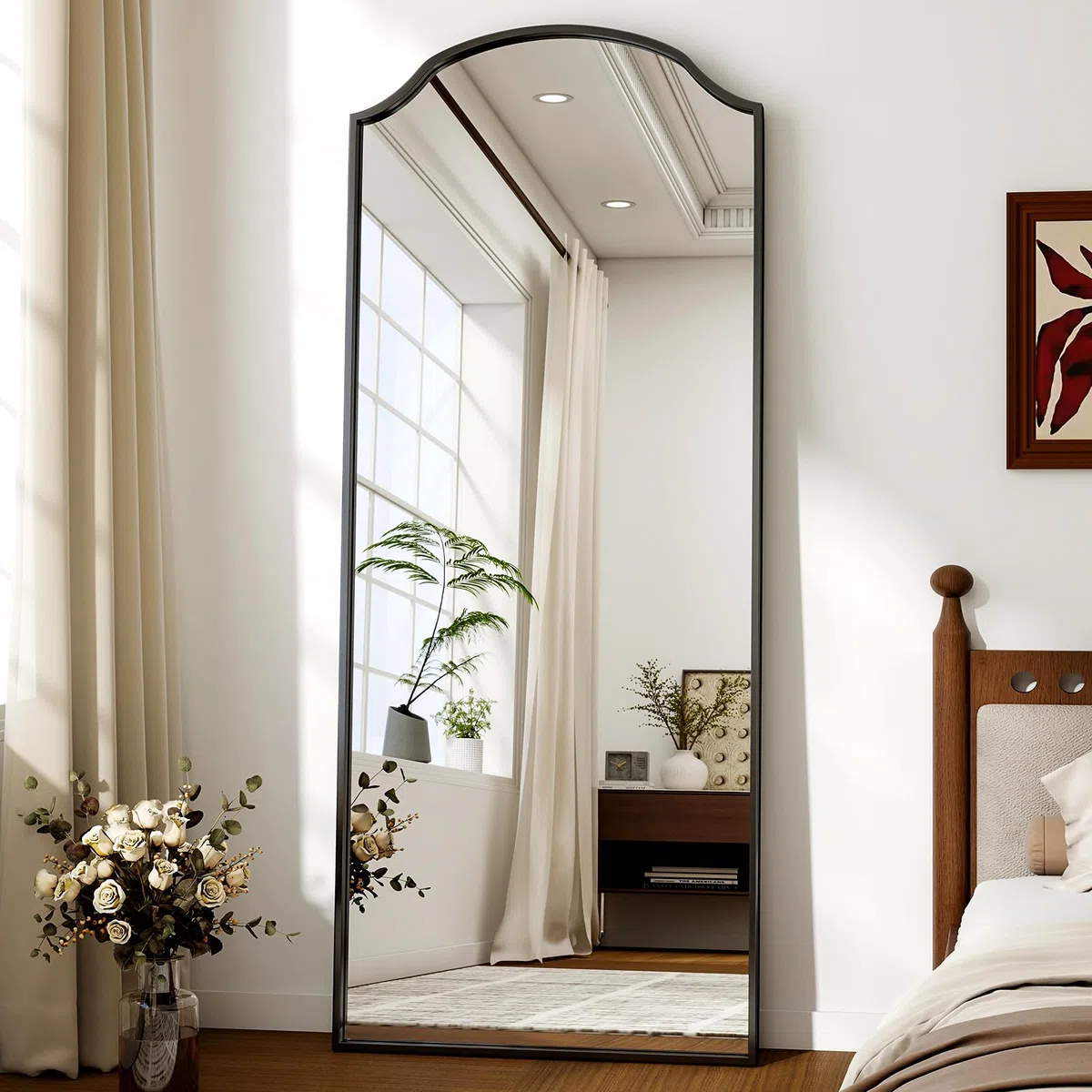 Koonmi 165 x 60 cm Ganzkörperspiegel - Einzigartiger gewölbter Oberkörper, für Garderobe, Schlafzimmer, hängend, stehend oder Sich anlehnen, schwarz