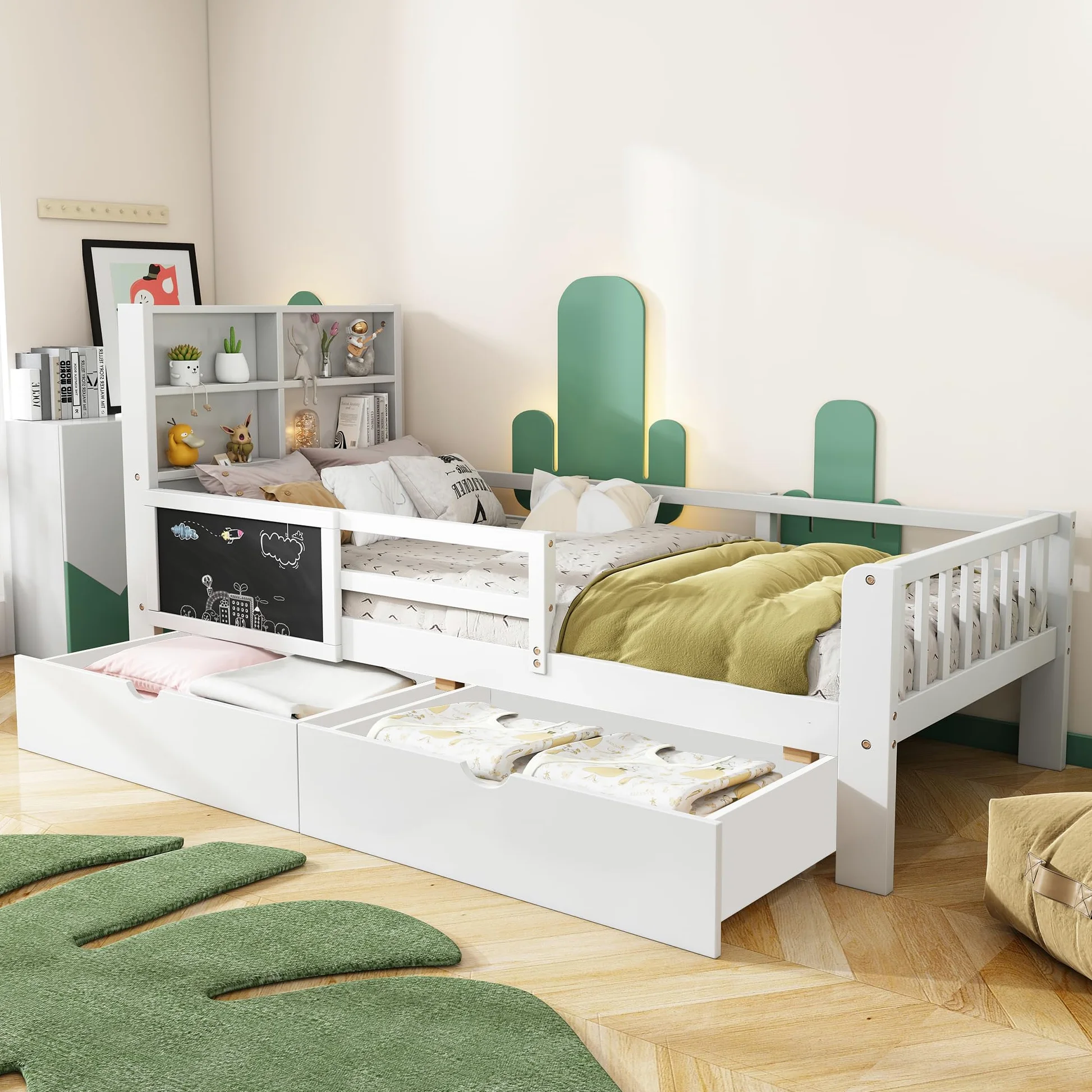 Kinderbett 90x200 Holzbett mit Schubladen und Tafel Kopfteil Bücherregal Rausfallschutz Lattenrost Stauraum Jugendbett Funktionsbett Bettgestell Holz Weiß
