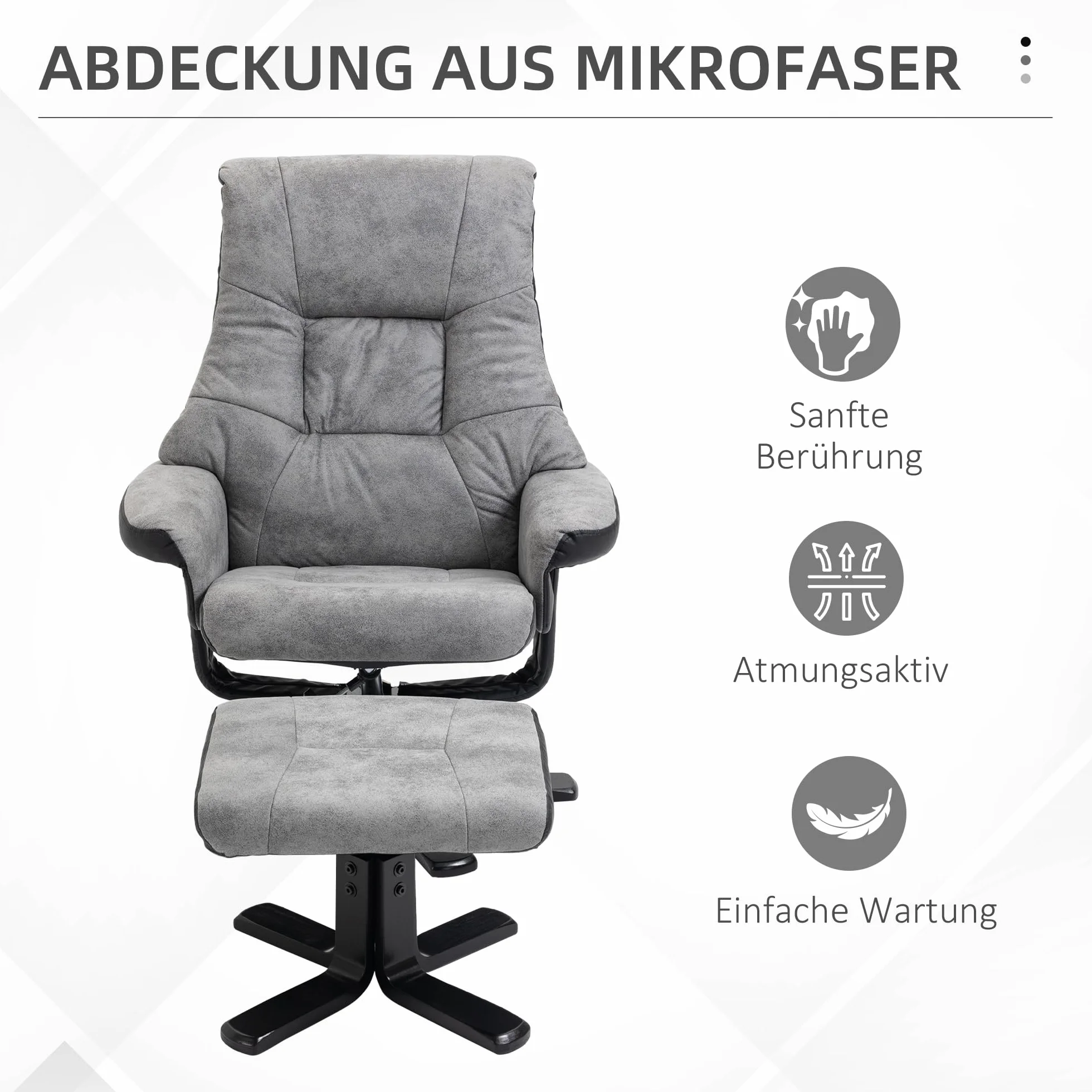 HOMCOM Relaxsessel mit Hocker, Drehbarer Fernsehsessel, TV Sessel mit Liegefunktion, Polstersessel, Mikrofaser Grau, 78 x 82,5 x 109 cm