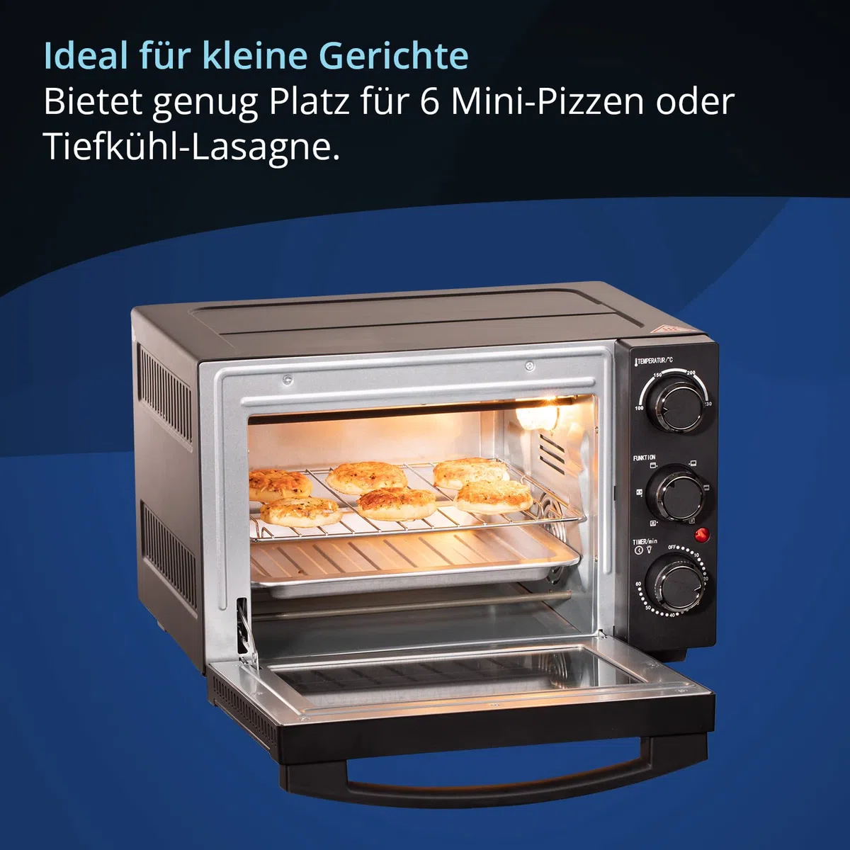 KHG Minibackofen MBO-15S in schwarz mit Umluft, Ober-/Unterhitze, 15l Garraum, Brotbackofen, inkl. 6 Funktionsstufen, Timer, Innenbeleuchtung, Backblech, Entnahmegriff, Grillrost