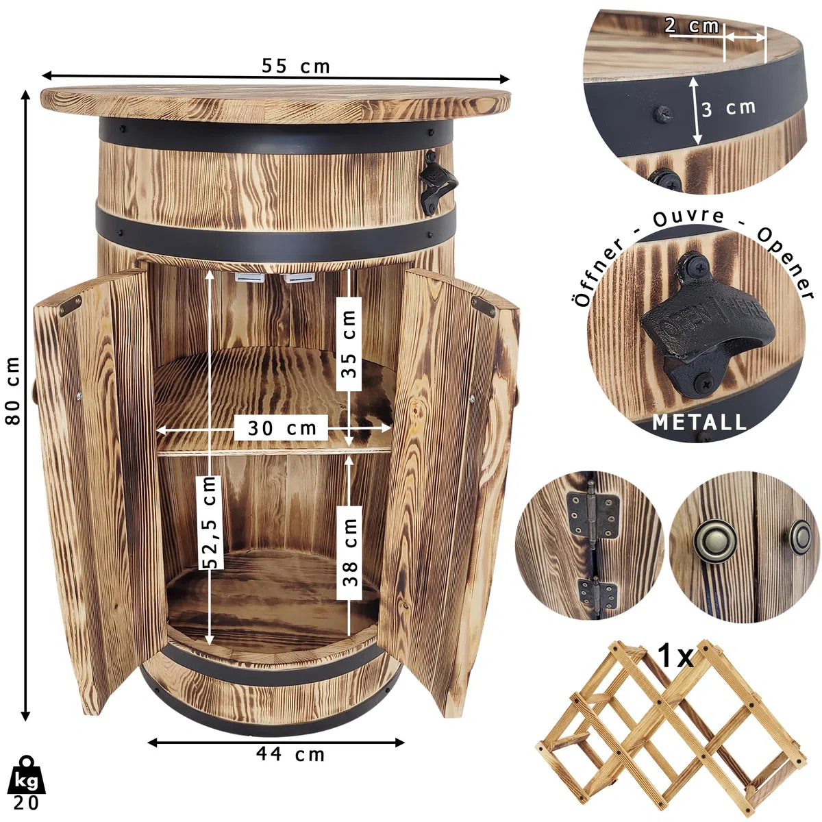 weeco Fassförmiger Schrank aus Kiefernholz mit Ablagefläche und Regal für 30–40 Flaschen – Rustikales Barregal mit Flaschenöffner und klappbarem Flaschenhalter, 80x55x44 cm, braun