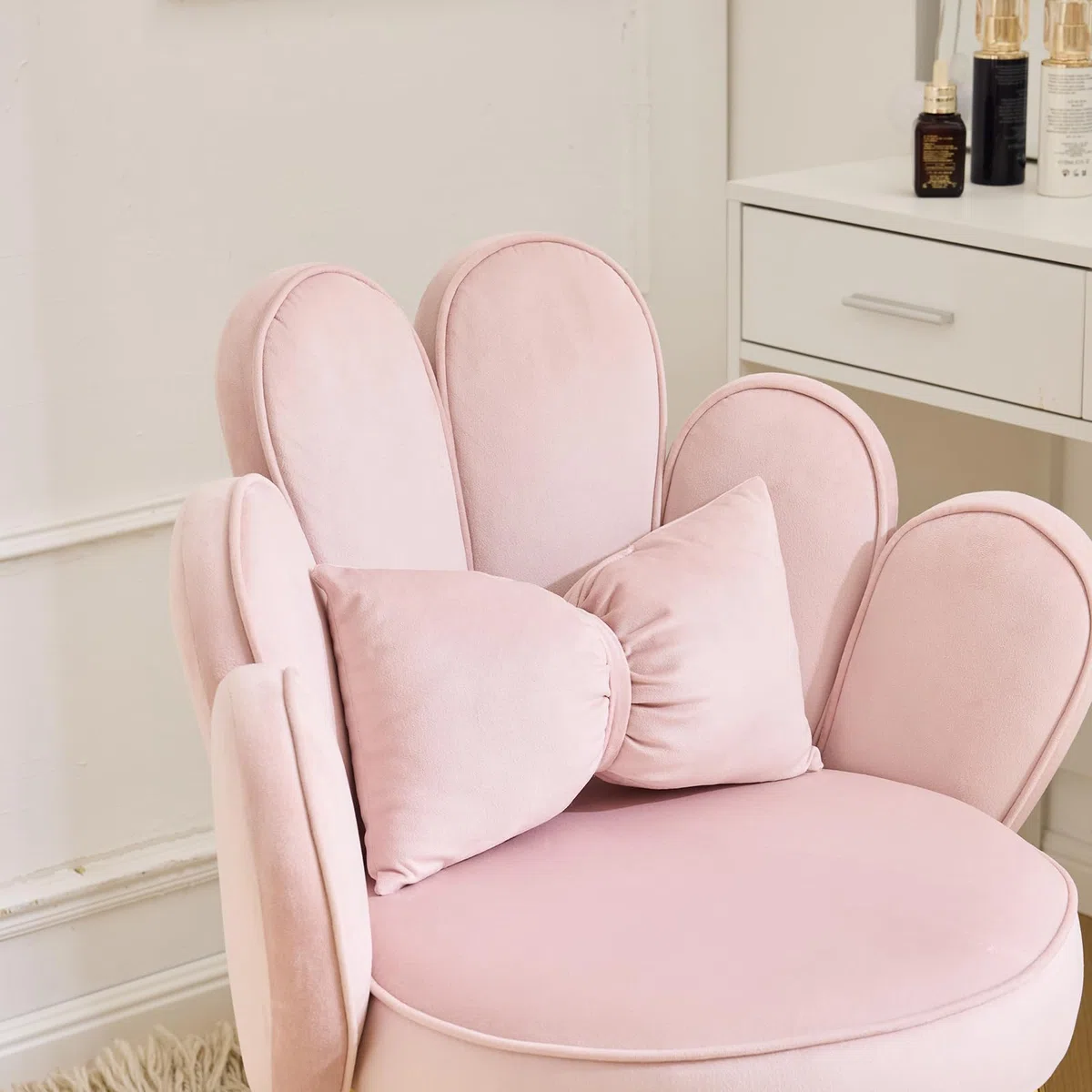 Schminktisch Stuhl mit Blütenblatt-Rückenlehne, Sessel Wohnzimmer, Lesesessel mit Schleifenkissen (Rosa)