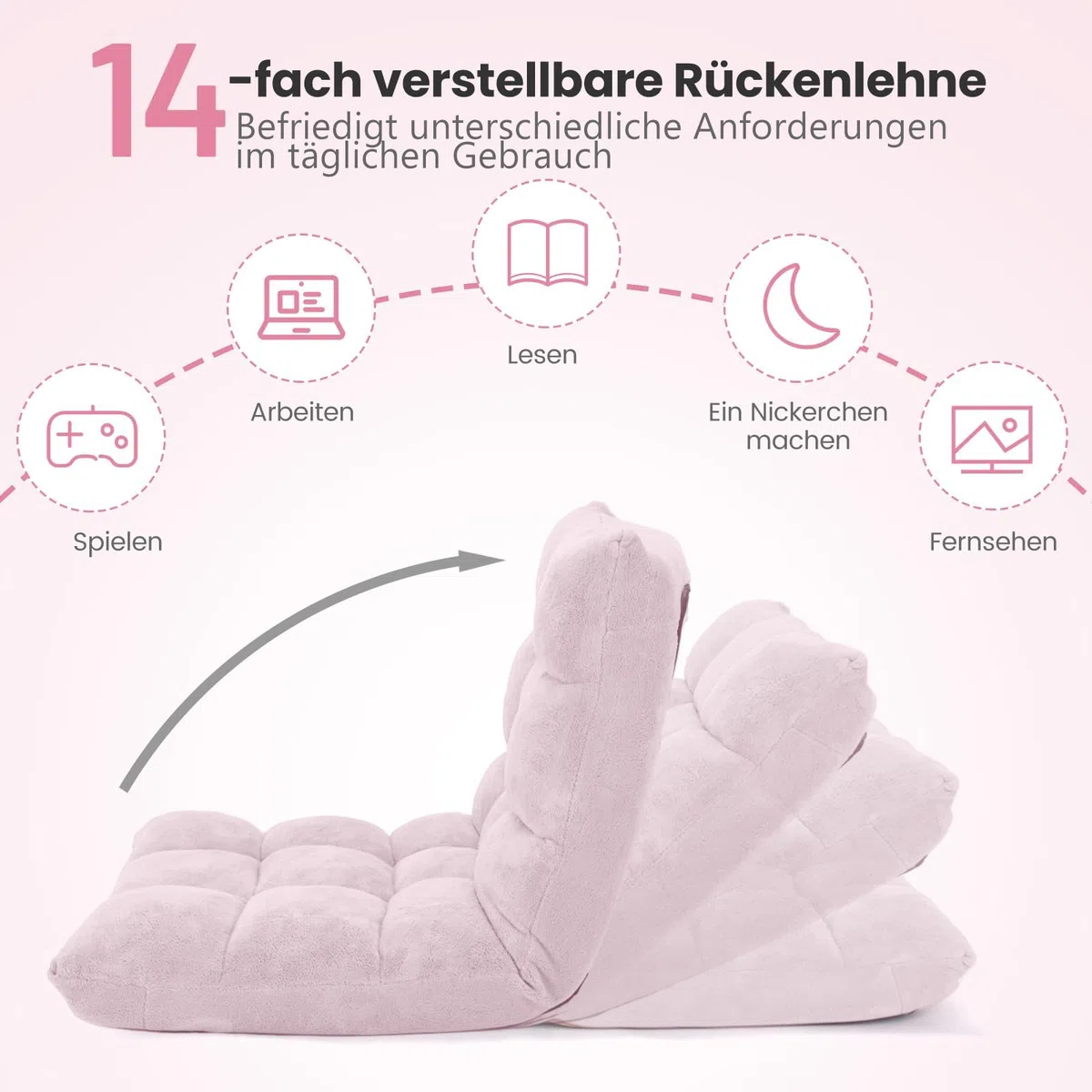 FANTASK Bodensessel gepolstert, Verstellbare Sofastuhl, Bodenstuhl mit Verstellbarer Rückenlehne, Hellrosa