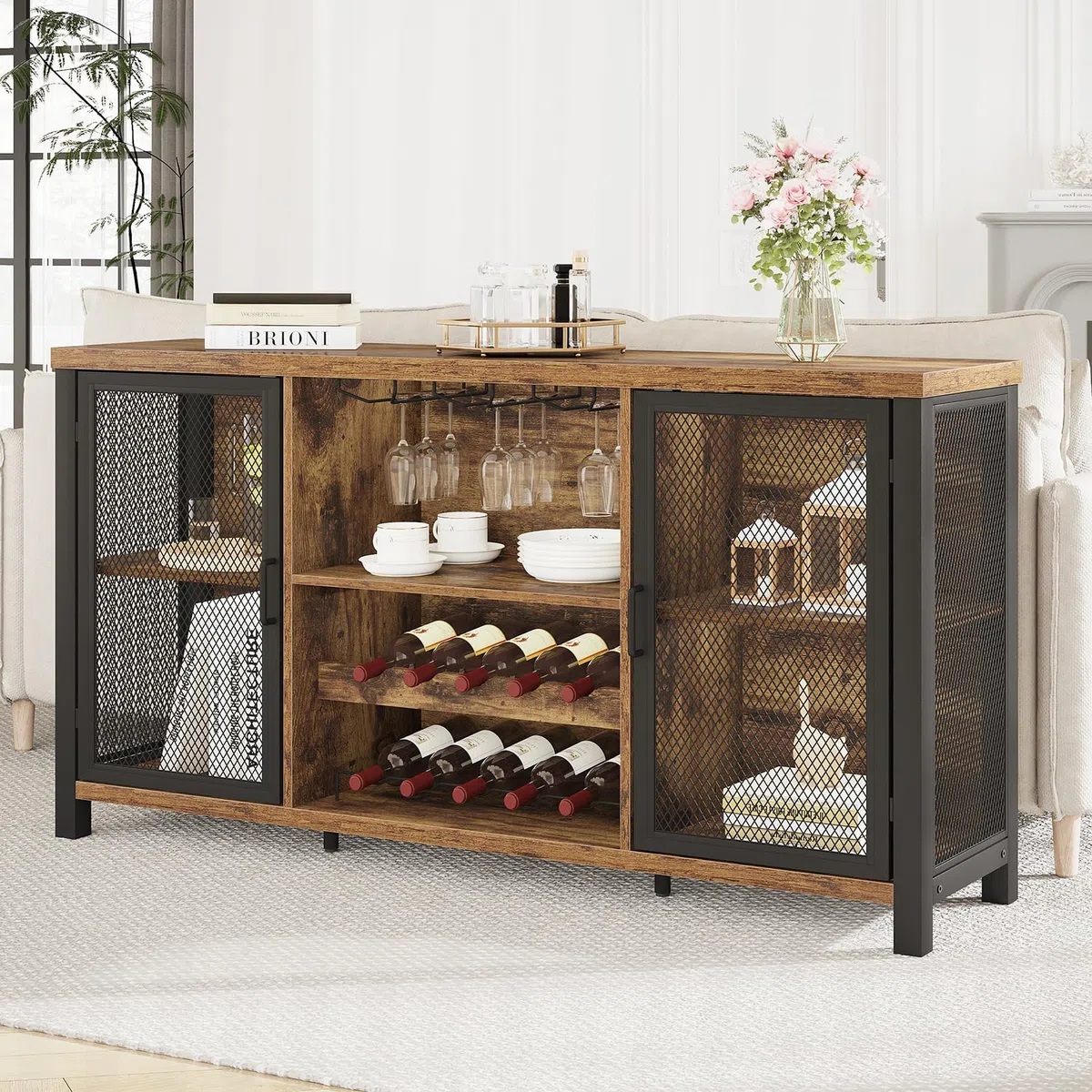Launica Sideboard Kücheschrank Mit Stauraum Industriell Weinschrankf für Spirituosen Schrank Mit Wein Regal Holz Metall Barschrank für Zuhause Küche Essen Rustikal Braun 140 cm