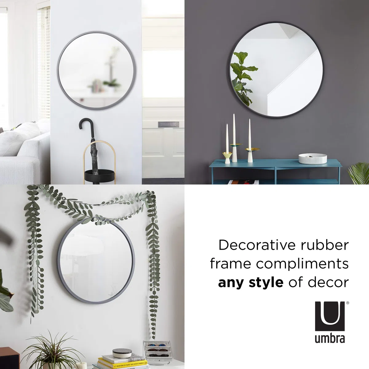 Umbra Hub runder Wandspiegel mit Gummirahmen, moderner Stil für Badezimmer, Eingangsbereich, Wohnzimmer und mehr, 46 cm, Schwarz