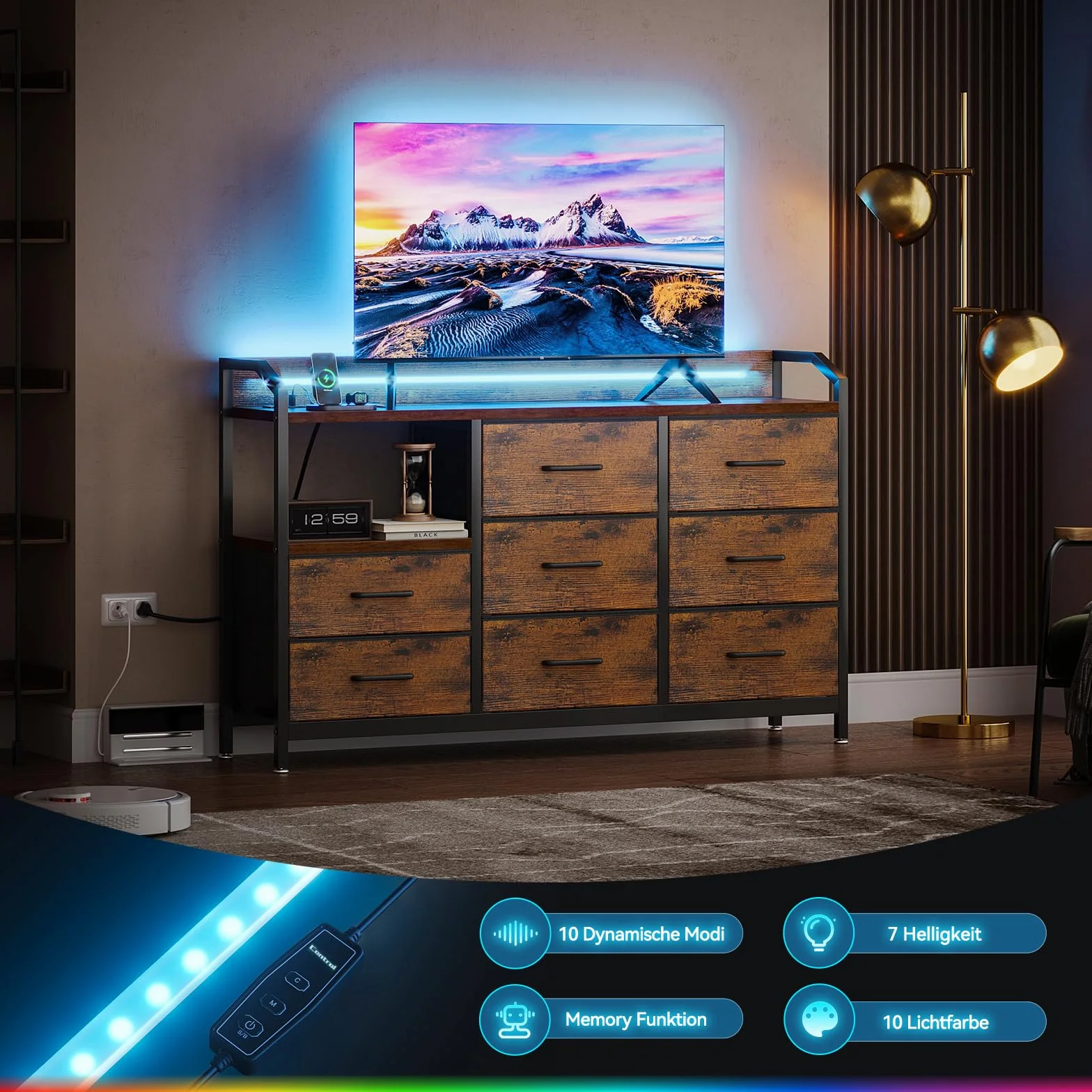 ODK Kommode mit Schubladen, Schubladenschrank mit LED-Lichtstreifen mit 10 Einstellbaren Farben und 2 USB- und 2 AC-Steckdosen, 8 Stoffschubladen, Wohnzimmer Schlafzimmer Kommode, 110*30*88cm Vintage