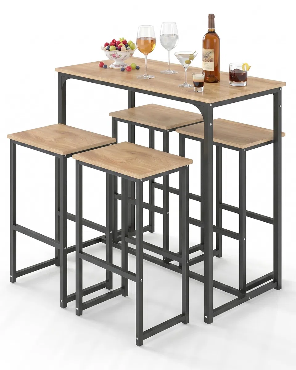 Bartisch Holz Küche, Bartisch mit Barhocker Set, Stehtisch Holz Outdoor, Hochtisch Küche mit Stühlen Set, Vielseitiges modernes Design Bistrotisch mit 4 Stühlen