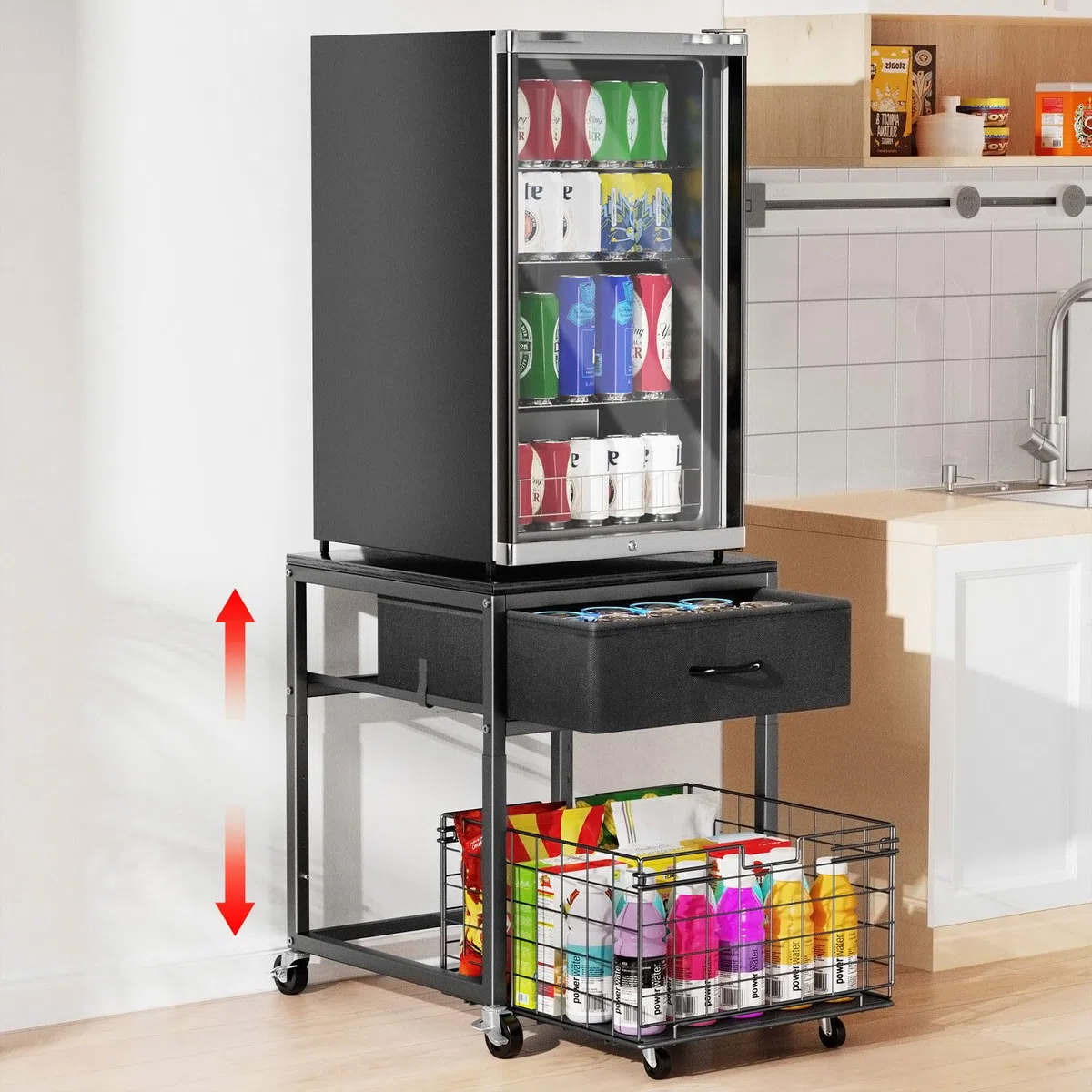 Housolution Mini-Kühlschrankständer mit Stauraum, Höhenverstellbares Mini Kühlschrankregal mit Rädern, Tragbarer Mini-Kühlschrank-Schrank mit Schublade für Büro, Wohnheim und Zuhause, Schwarz