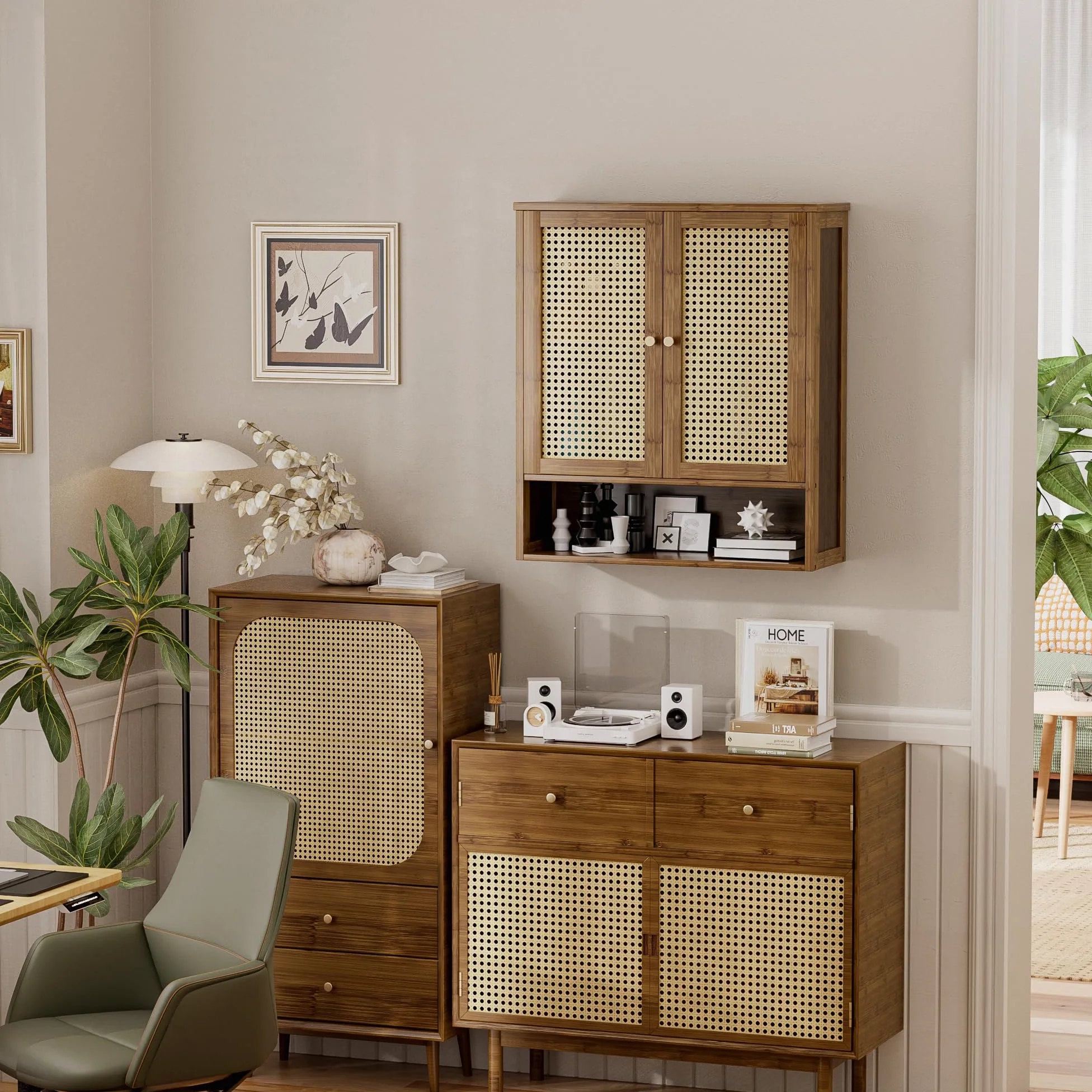 Badezimmer-Wandschrank, Bambus-Aufbewahrungsorganisator über der Toilette mit 2 Rattantüren und verstellbarem Regal, platzsparender Medikamentenschrank für Wäsche, Küche, Wohnzimmer (Walnuss)