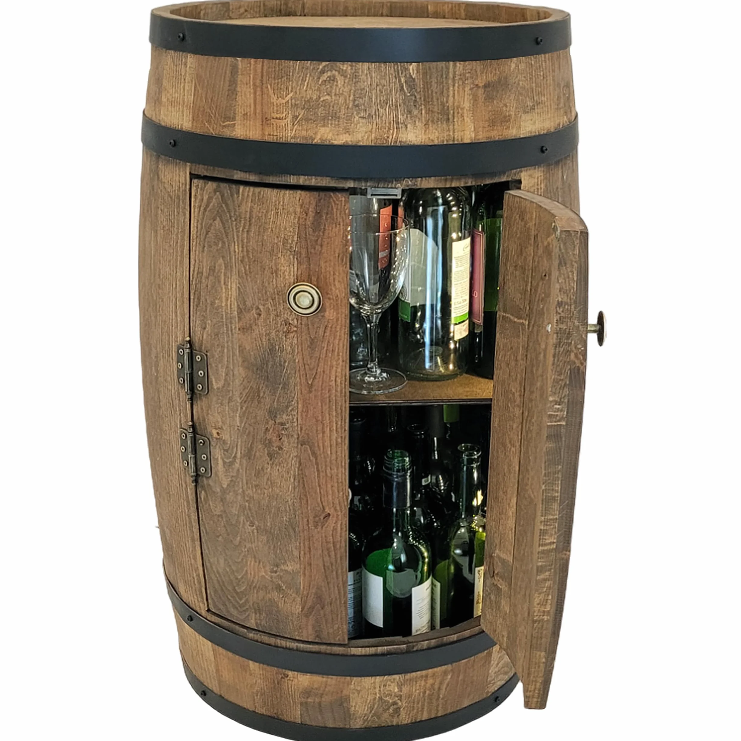 Fassbar mit 2 Türen und LED Beleuchtung, Holzfass 80x50cm Weinfass - Barschränk handgemacht Flaschenregal Hausbar vintage theke bar wand holzregal whisky Wein Bier - Bartisch Geschenk für Männer