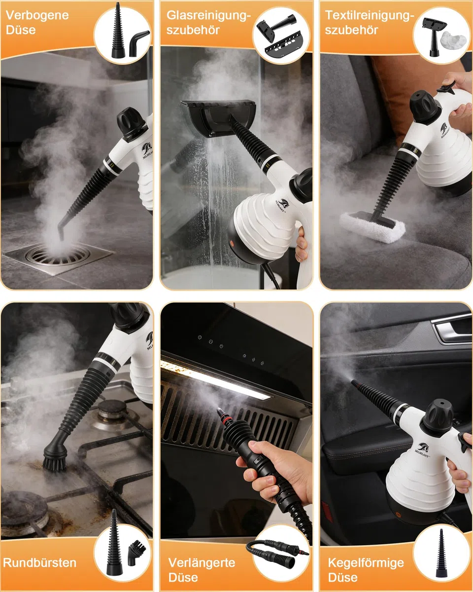 MLMLANT Dampfreiniger, Multifunktionaler Tragbarer Dampfreiniger mit Sicherheitsverriegelung und 10-teiligem Zubehörset, geeignet für Teppiche, Sofas, Polstermöbel, Matratzen, Autositze, und mehr