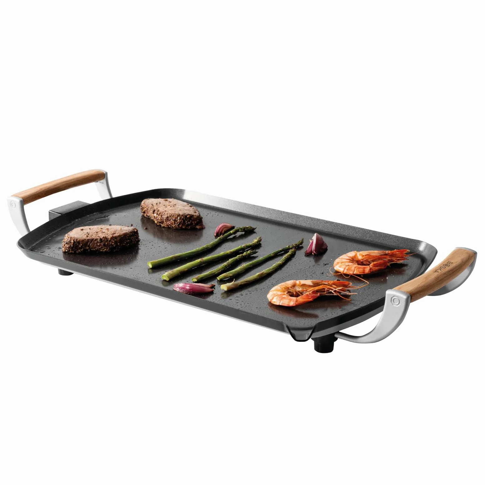 Boska Elektrische Grillplatte Pro – Tischgrills - Teppanyaki-Platte 35x56 cm – PFAS-freie Keramikbeschichtung – Temperaturregelung – Fettablauf – Griffe aus Eichenholz – Schwarz