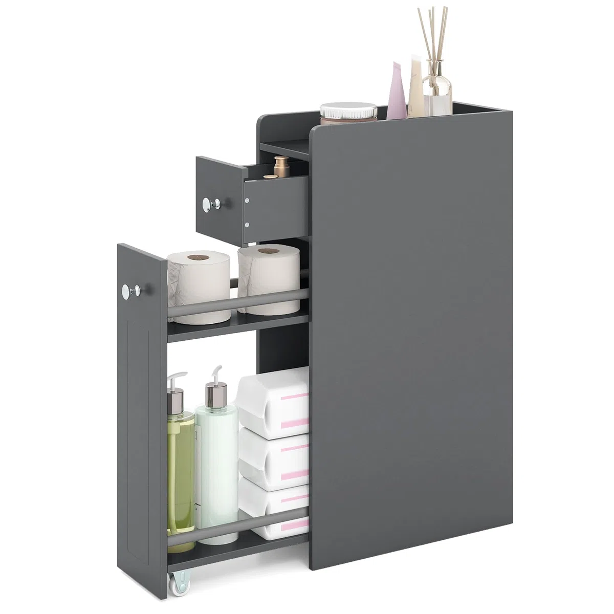 LIFEZEAL Nischenschrank, Badezimmerschrank klein mit Schublade, Nischenregal schmal mit Rollen, Nischenwagen für Waschküche, Wohnzimmer, Badezimmer, 40 x 18 x 70 cm (Grau)