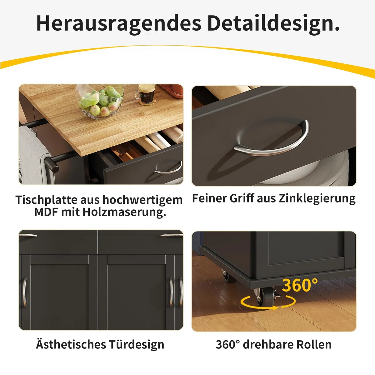 Kücheninsel 106×50×90.5cm mit Holzmaserung Multifunktionale Esstisch Schwarz