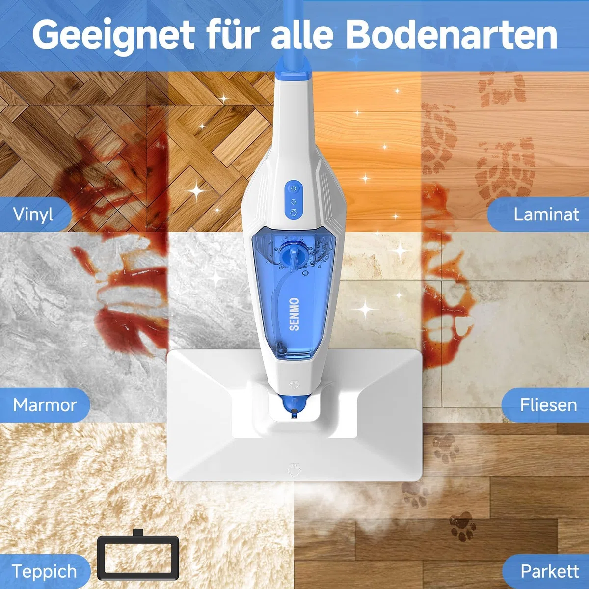 SENMO Dampfreiniger 10-in-1 mit abnehmbarem Handdampfreiniger, 15 s Aufheizzeit, 230°F Heißdampf, als Dampfmop mit Zubehör & 2 Pads, für Böden, Parkett, Fliesen, Fugen, Teppich, Küche & Bad